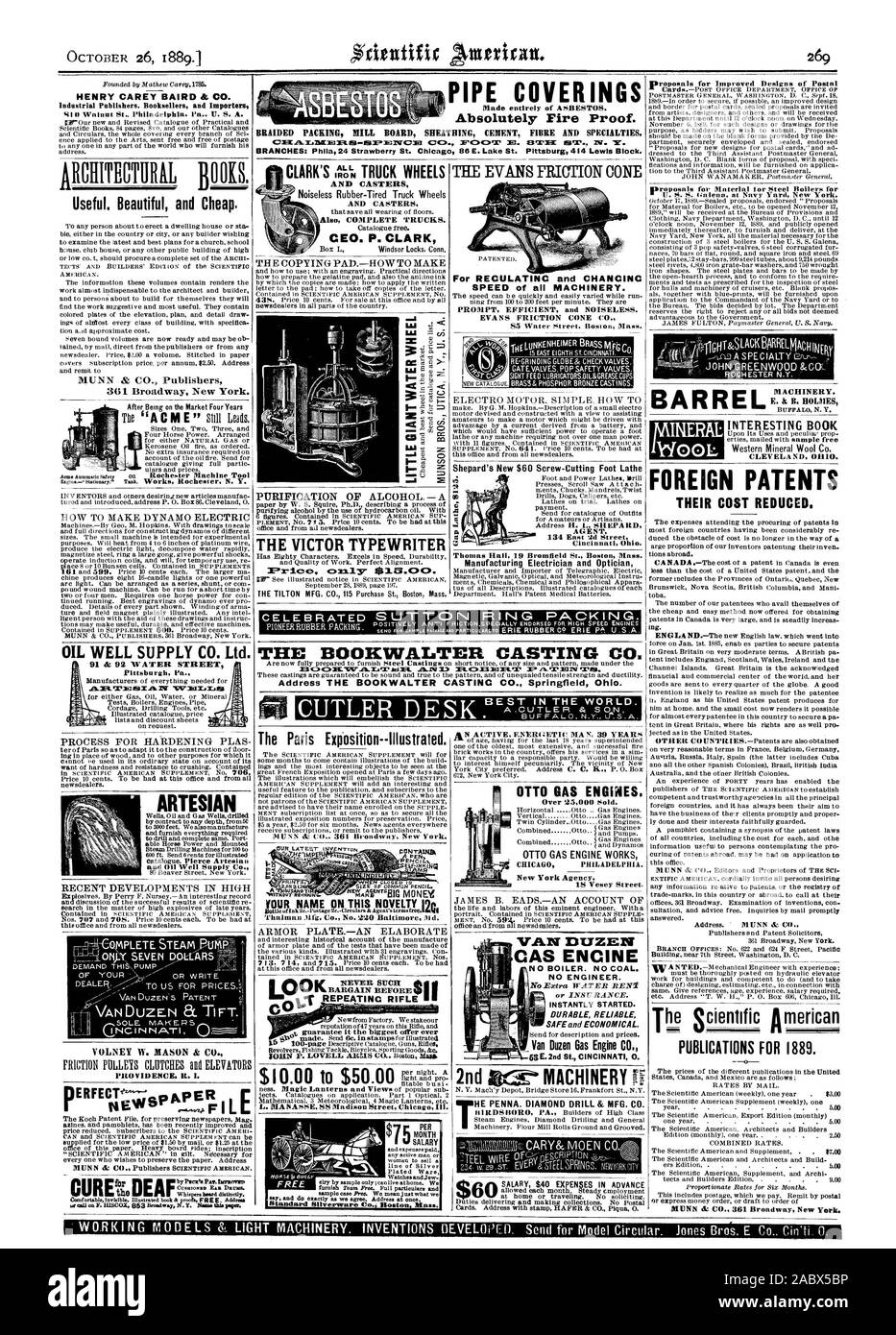 Abbiamo libera ROCHESTER N.Y. CLARK CARRELLO RUOTE E ROTELLE Als carrelli completo. CEO. P. CLARK LA COPIA DI PAD.-Come fare ri-MACINAZIONE GLOBE& CONTROLLARE LE VALVOLE DI ALIMENTAZIONE SPIA LLIBRICATORSOIL&GREASECOPS OTTONE& IN BRONZO FOSFOROSO getti. La colata BOOKWALTER C 13t7:14C1 .1P17.9.2.01101.I. ALM 32) 1.1.400131i1E.T 1889 Scientific American INC., 1889-10-26 Foto Stock