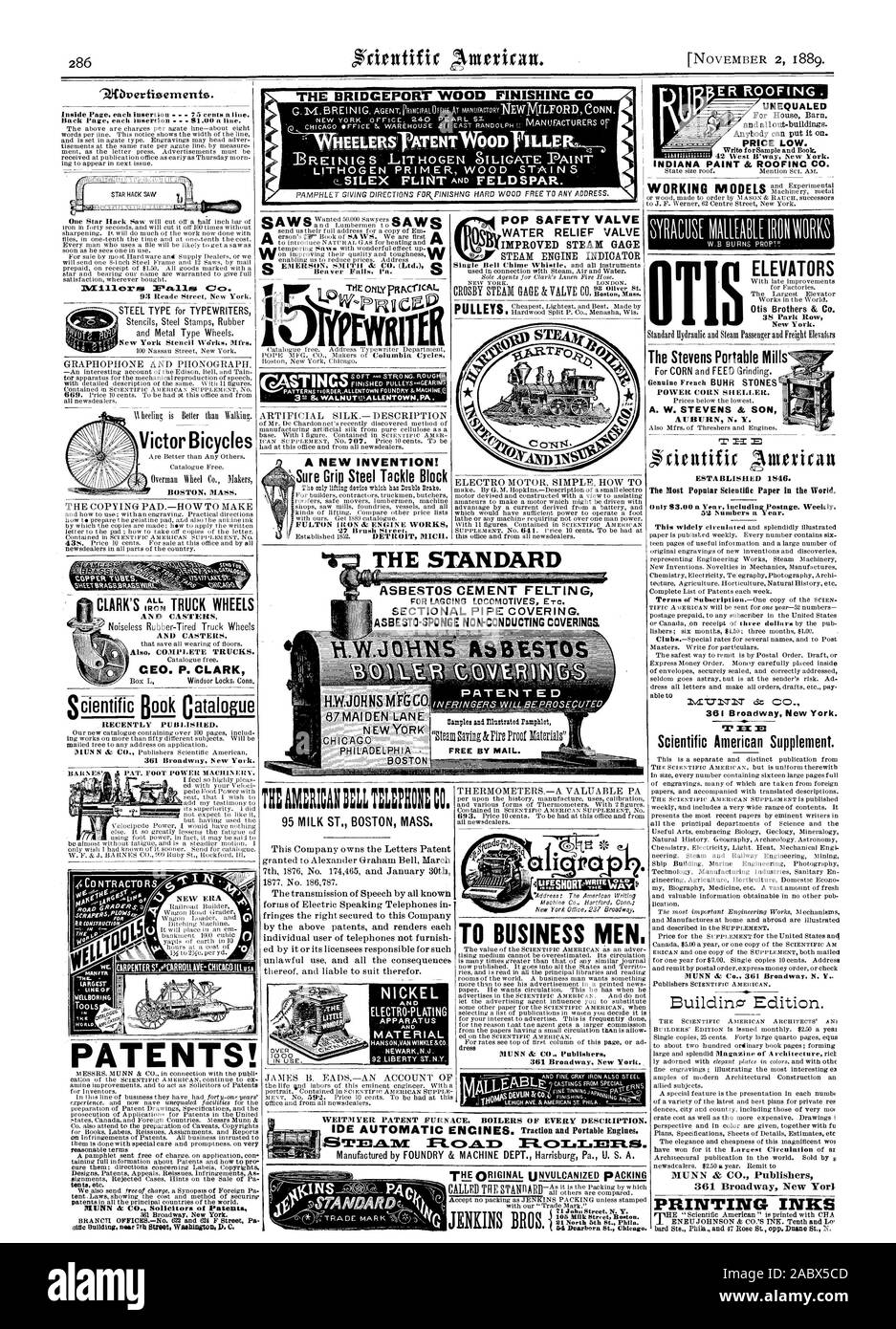 Per ritardo di locomotori etc. Tubo di sezione Copertura. Patena T E D I NERINGETha WILLBEPROSECUTED Machine Co. Hartford Connecticut; Ufficio di New York 237 Broadway. Il brevetto WEITRIYER forno. Caldaie di ogni descrizione. ELcs.a.m Ptc)r Jxmmtes. JENKINS BROS con il nostro "marchio commerciale". 71 John Street N. Y. 105 Milk Street Boston. 21 Nord 5a San Phila. Gli ascensori Otis fratelli & Co. 38 Park Row New York. A. W. Stevens & SON AUBURN N. Y. rientifir American stabilito 1546. Il più popolare carta scientifici nel mondo. Te MUNN & Co. 361 Broadway N. Y MUNN & CO. Gli editori 361 Broadway New Yorl inchiostri di stampa Foto Stock