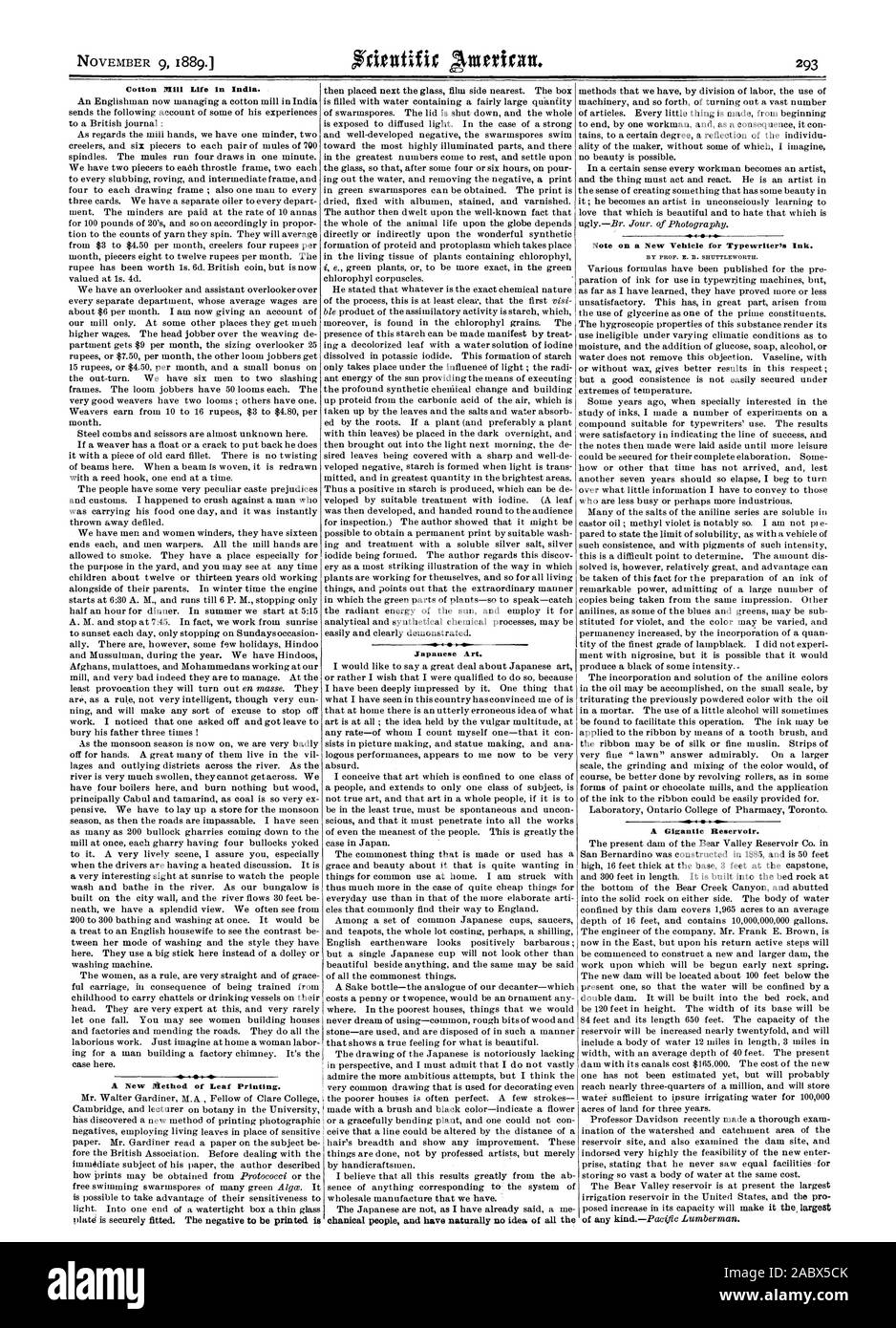 Cotonificio la vita in India. Un nuovo metodo di stampa in foglia. Arte giapponese. Nota su un nuovo veicolo per nastri inchiostratori per macchine da scrivere di inchiostro. Dal PROF. E. B. SHTJTTLEWORTH. Un gigantesco serbatoio., Scientific American, 1889-11-09 Foto Stock