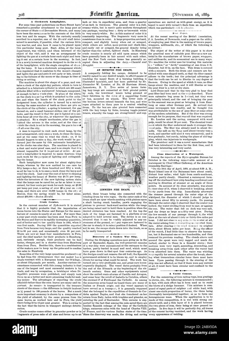 Un meccanismo a orologeria Lamplighter. Cocaina grezzo. Una migliore via di fuga in caso di incendi. LENNIER'S FIRE ESCAPE. La scoperta di un relitto nave da guerra. Il segnale di PEA Carta t. Osservazione ravvicinata di trombe. Un utile cemento., Scientific American, 1889-11-16 Foto Stock