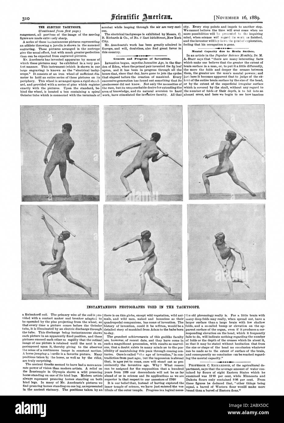 Il TACHYSCOPE ELETTRICO. unità organizzative. Genesi e il progresso della invenzione. Capacità mentale dovuta alla superficie del cervello. Fotografie istantanee UTILIZZATE NELLA TACHYSCOPE., Scientific American, 1889-11-16 Foto Stock