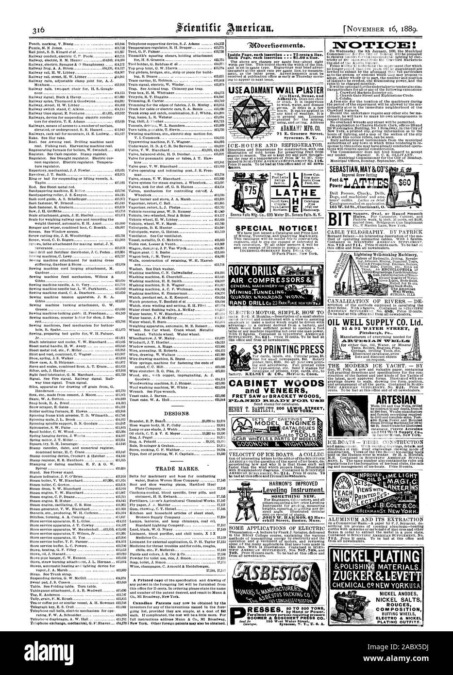 Disegni e modelli. Marchi commerciali. I brevetti Canadesi possono ora essere ottenuto dal New York. Altri brevetti stranieri possono anche essere ottenuti. "7:410 vertioentertits. All'interno di ciascuna pagina di inserimento 75 centesimi& linea. Torna alla pagina precedente ogni inserimento 91.00 una linea. Utilizzare irremovibile intonaco è difficile densa e irremovibile MFG. CO. 71 E. Genesee Street alcune applicazioni di elettrico a mano o di alimentazione. Modello di cataloghi motori FR E E. velocità delle imbarcazioni di ghiaccio. Un COLLEG HARMON migliorato di qualcosa di nuovo. JOHN W. HARMON 65 Hav ghiacciaia e frigorifero. 4distributore. Perforatrici da roccia Macchinari generali rat'?r i MININGTUNNELING'' TORNIO AVVISO SPECIALE Foto Stock