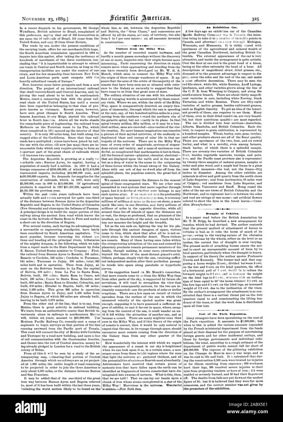 I visitatori dalla Via Lattea. Una mostra auto. Progetto di veicoli. Costo dell'Esposizione di Parigi. i promotori della mostra., Scientific American, 1889-11-23 Foto Stock