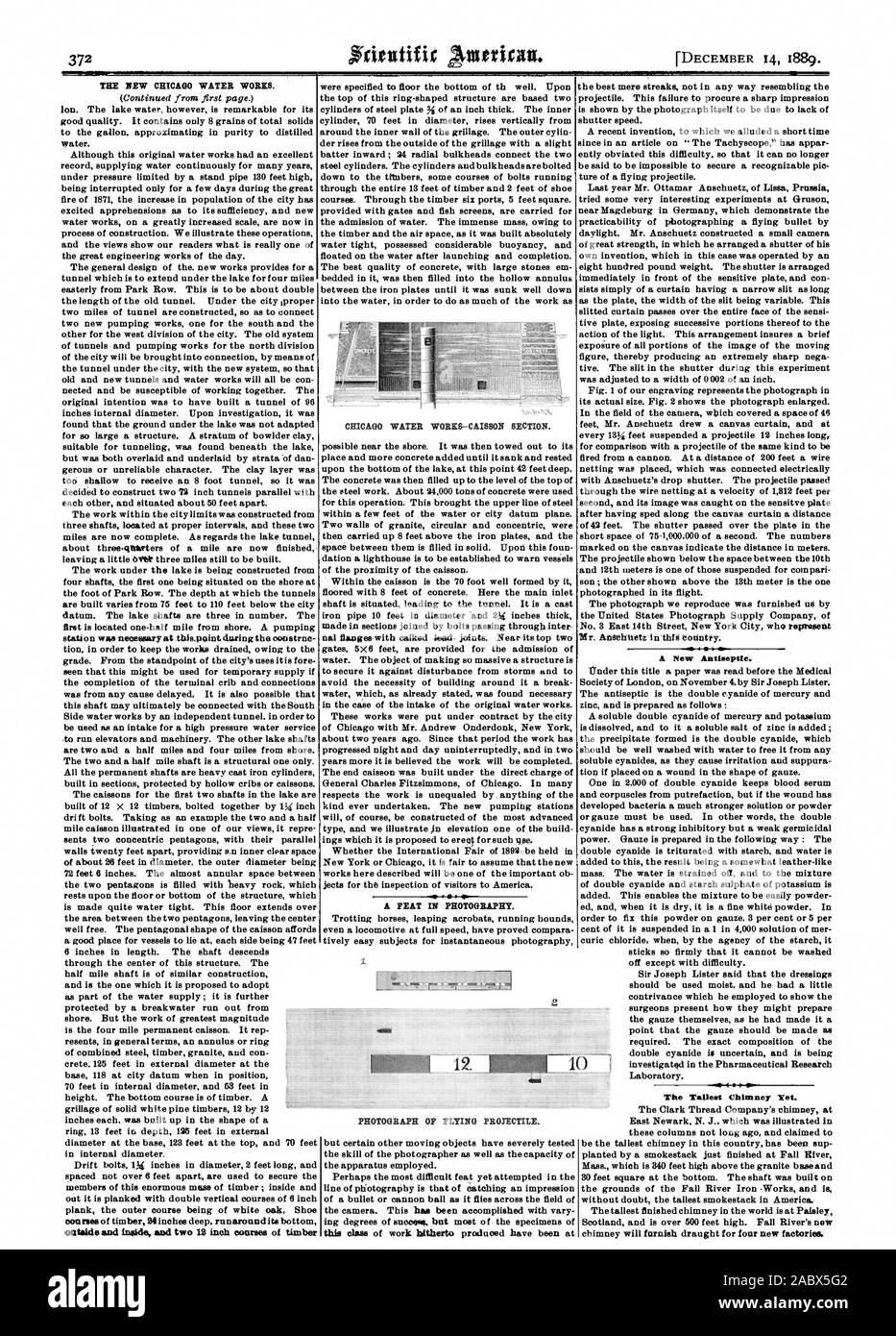 Il nuovo Chicago Water Works. esterno e interno e due 12 pollici corsi di legname FEAT IN FOTOGRAFIA. ami fotografia di battenti proiettile. t fr un nuovo Antteeptte. Ho ow i TaUeNt camino' Tel., Scientific American, 1889-12-14 Foto Stock