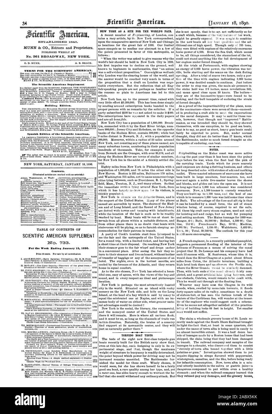 1845. Settimanale pubblicata al n. 361 Broadway New York. 0. D. MUNN. A. E. BEACH. Il Scientific American Supplement edificio Edition. Edizione spagnola del Scientific American. Contenuto. Tabella dei contenuti di Scientific American supplemento per il fine settimana di gennaio è 1890. Prezzo dieci centesimi. Per la vendita da parte di tutti newsdealers. Pagina NEW YORK COME UN SITO PER LA FIERA MONDIALE. La torpediniera prove. Note., 1890-01-18 Foto Stock