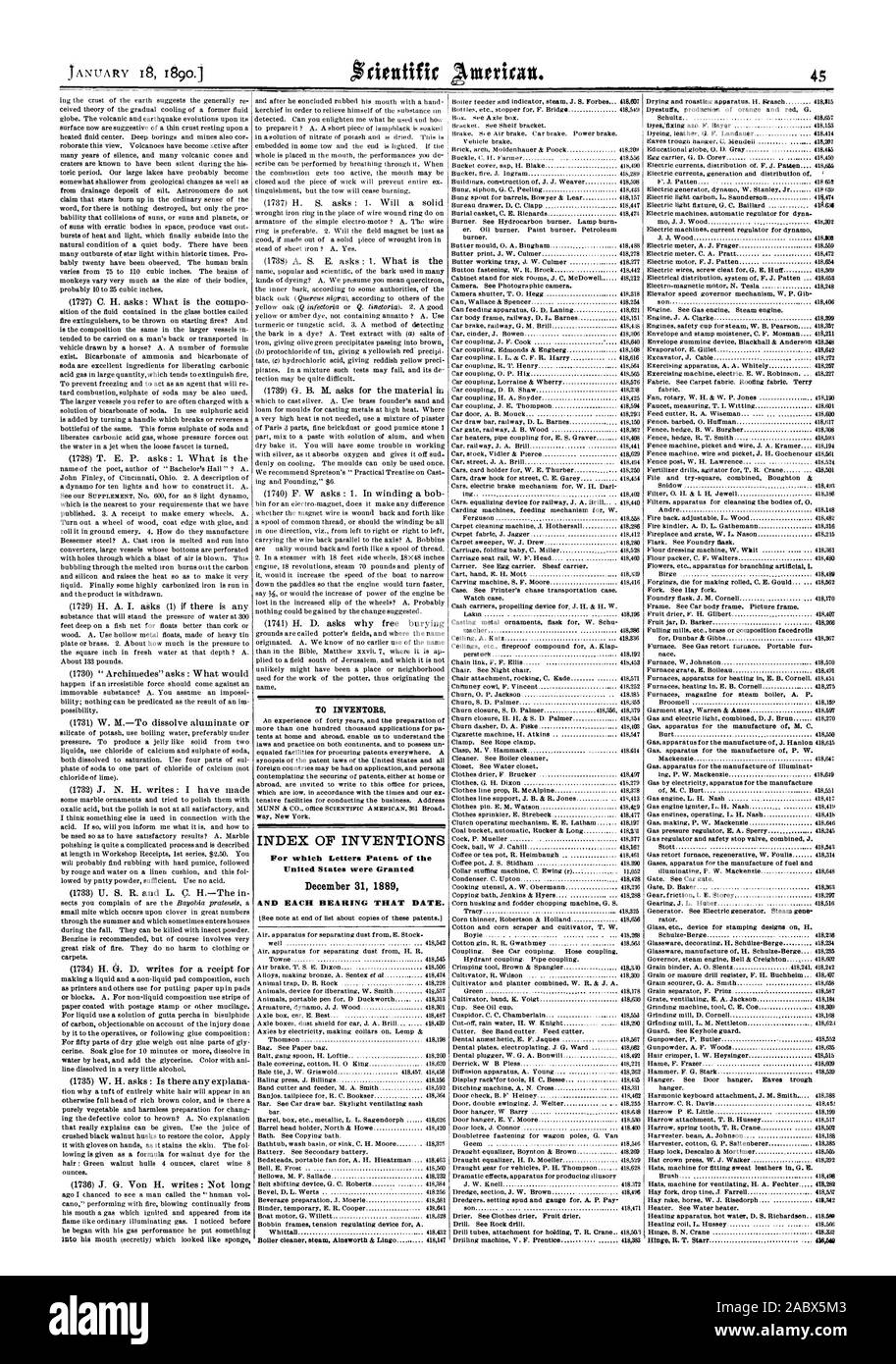 Per gli inventori. Indice delle invenzioni per le quali lettere di brevetto. degli Stati Uniti sono stati concessi il 31 dicembre 1889 e ogni cuscinetto che data., Scientific American, 1890-01-18 Foto Stock