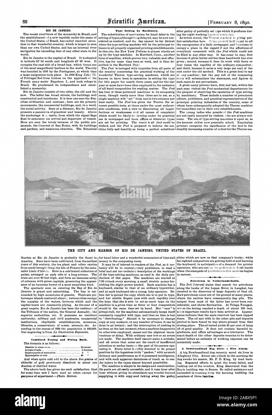 RIO DE JANEIRO. Impostazione del tipo di macchinari. La CITTÀ E IL PORTO DI RIO DE JANEIR STATI UNITI DEL BRASILE combinati e tonificante bagno di fissaggio. fornitura di copia e tenendo lontano il galley petrolio in Netherlands-India. Un cane di Terranova dà un allarme incendio., Scientific American, 1890-02-08 Foto Stock