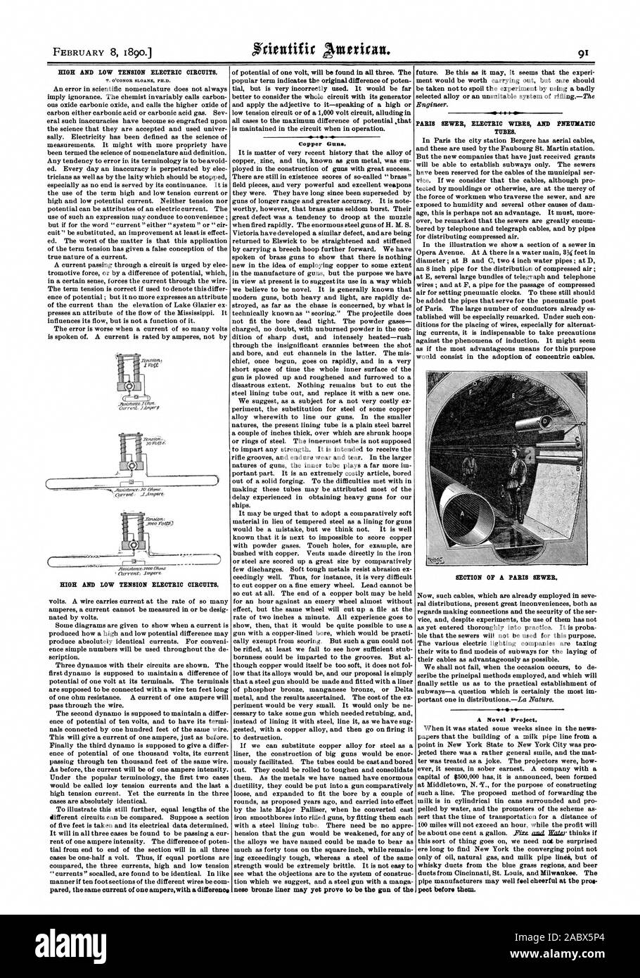 Alta e bassa tensione nei circuiti elettrici. Pistole di rame. futuro. Essere presente come esso può sembra che l'esperienza acquisita negli Stati ment varrebbe la pena di effettuare, ma occorre prestare attenzione a non rovinare l'esperimento utilizzando un male lega selezionata o un inadeguato sistema di riflingThe Parigi di fognature cavi elettrici e tubi pneumatici. La sezione di una Parigi di fognature. Un nuovo progetto. aspetto prima di loro. Alta e bassa tensione nei circuiti elettrici., Scientific American, 1890-02-08 Foto Stock
