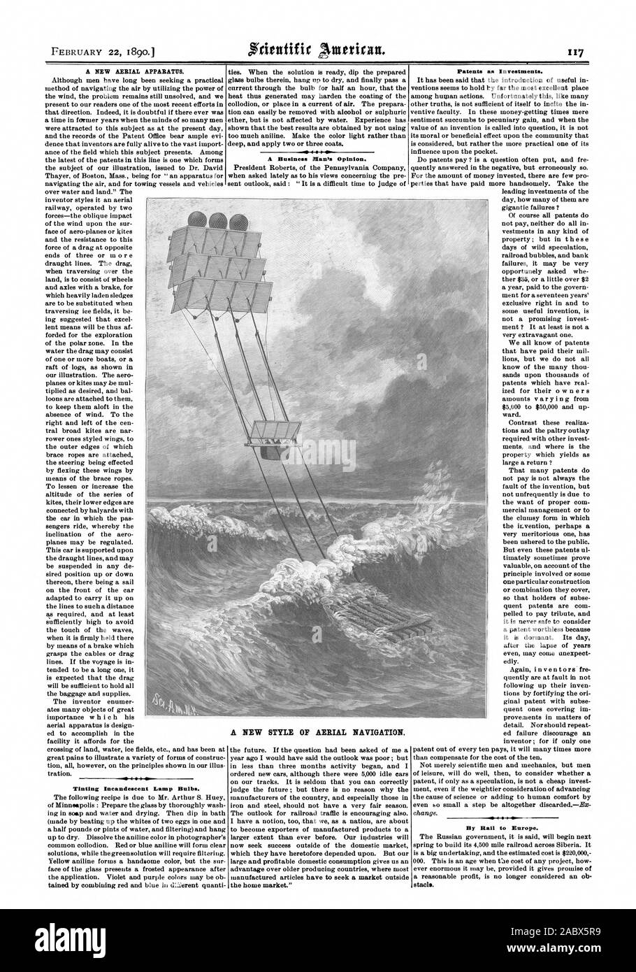 Il 22 febbraio 1890. Un nuovo apparecchio di antenna. Colorazione di lampada ad incandescenza lampadine. Un Business Mantis parere. I brevetti come investimenti. Per ferrovia per l'Europa. Un nuovo stile di navigazione aerea., Scientific American, 1890-02-22 Foto Stock