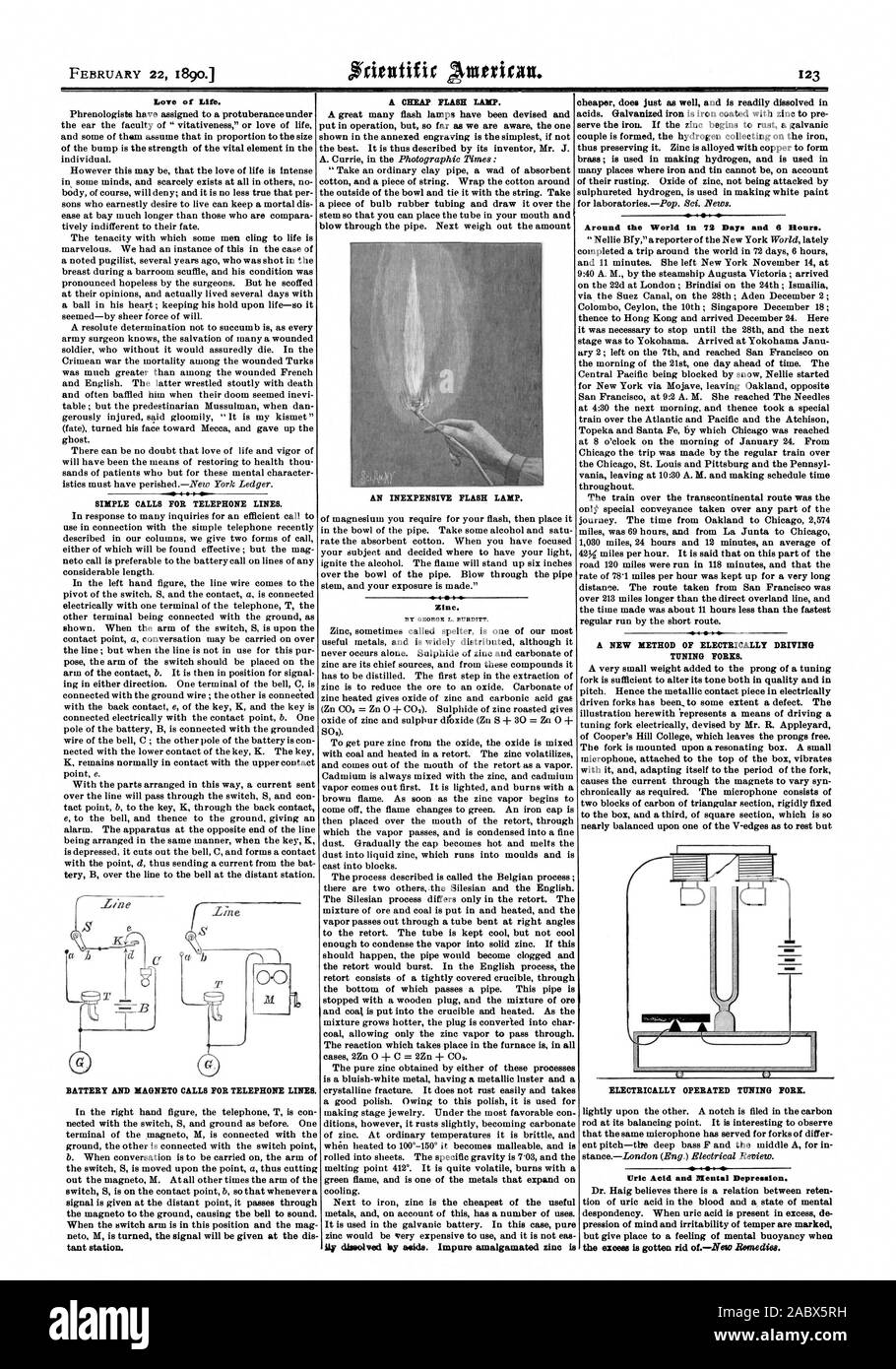 Quasi equilibrato su uno dei bordi a V a riposo ma. leggermente sull'altro. Un intaglio viene archiviato nell'asta di carbonio in corrispondenza del suo punto di equilibrio. È interessante osservare che lo stesso microfono ha servito per le forcelle di differire ent pitch-bassi profondi F e la metà di un per in Dr. Haig ritiene che non vi è una relazione tra reten tion di acido urico nel sangue e uno stato mentale di scoraggiamento. Quando l'acido urico è presente in eccesso de ma danno luogo ad una sensazione di galleggiamento mentale quando azionato elettricamente DIAPASON., Scientific American, 1890-02-22 Foto Stock