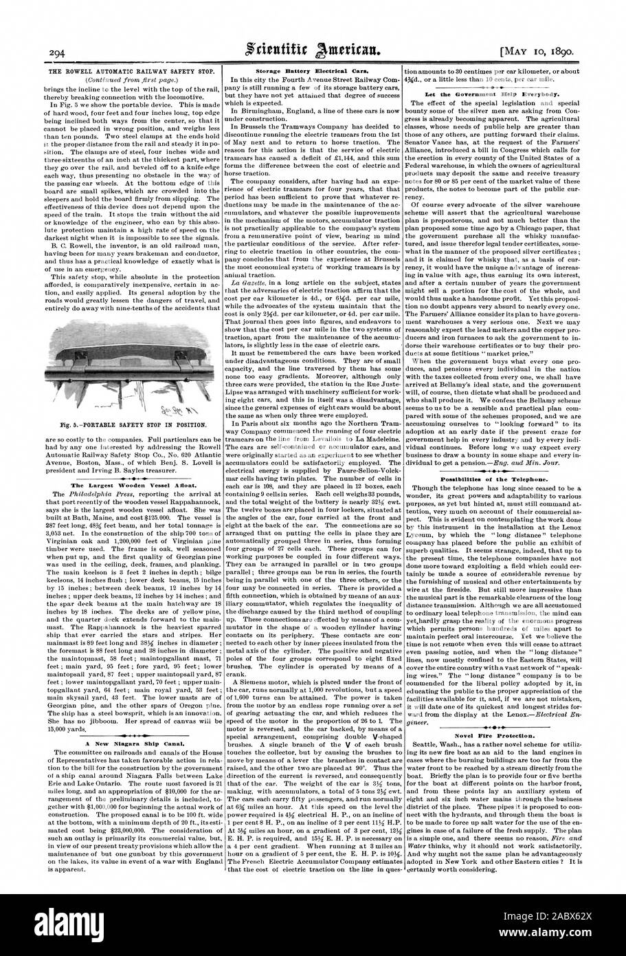 MEIER 6 LA ROWELL stazione automatica di arresto di sicurezza. La più grande nave di legno a galla. Una nuova nave Niagara Canal. Batteria di immagazzinamento vetture elettriche. Lasciate che il governo aiutare tutti a. Possibilità del telefono. Nuova protezione antincendio., Scientific American, 1890-05-10 Foto Stock
