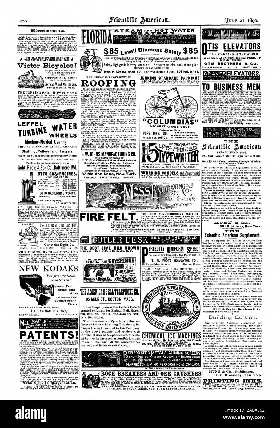 Robt. Poole & Son Co. Baltimore Md. OTTO GAWNGINES. 100 venduto. OTTO GAS MOTORE FUNZIONA CHICAG Philadelphia. New York Agenzia è Vesey Street. 95 Latte ST. BOSTON MASS. Il miglior fornace di calce noto o no pagare. C. D. Pagina Rochester N. E. SCUDI MARRONE &Co. ESTA BLISHED 1546. Il più popolare carta scientifici nel mondo. Ascensore di servizio. OTIS FRATELLI & CO. Uffici generali NEW YORK. Gli ascensori. 0 GLI UOMINI D' AFFARI 361 Broadway. New York. GRAVES ROCK automatici e i frantoi di minerale COPELAND dg AGENTI DI BACON DI NEW YORK e da Filadelfia., Scientific American, 1890-06-21 Foto Stock