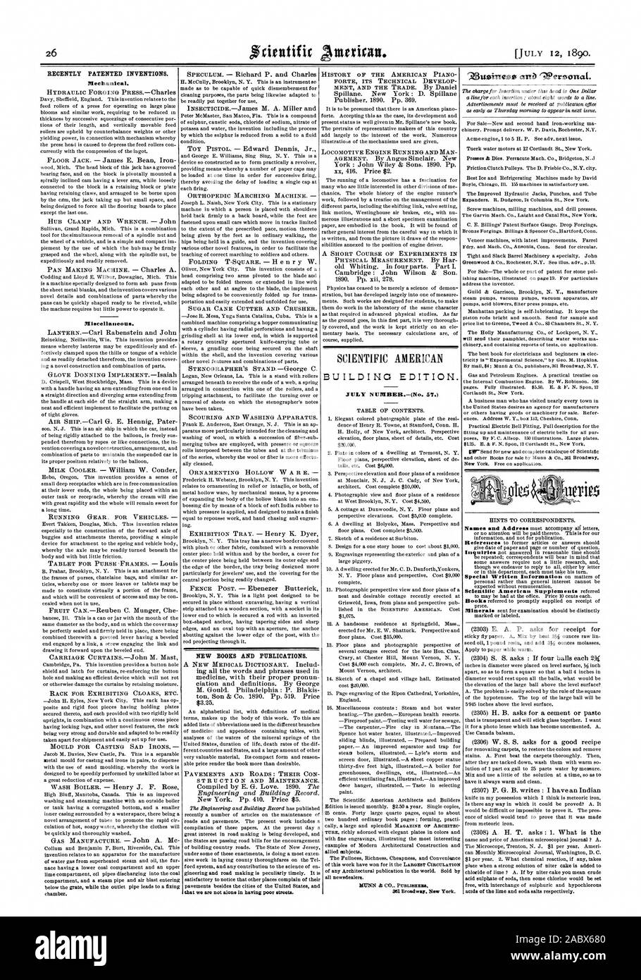 Recentemente invenzioni brevettate. Nuovi libri e pubblicazioni. Costruzione di edizione. "Zuzinesszi e 'Wereortai. Sclentillc supplementi americano di cui, Scientific American, 1890-07-11 Foto Stock