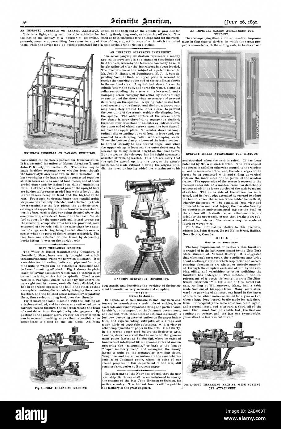 KNISELY'S Ombrello o ombrellone espositore. Filettatura della vite macchina. Un geometra migliorato lo strumento. HANLON il geometra strumento. Carta in Giappone. Un migliorato fissaggio dello schermo per horton di attacco dello schermo per Windows. Coleotteri in mobili. OFF ALLEGATO, Scientific American, 1890-07-26 Foto Stock