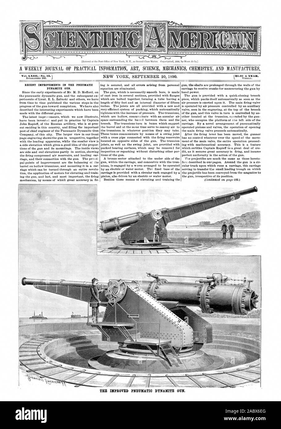 Un giornale settimanale di informazioni pratiche arte scienza meccanica e chimica produce. Vol. LXIIINo. 12.1 Il pneumatico perfezionato la dinamite pistola., Scientific American, 1890-09-20 Foto Stock
