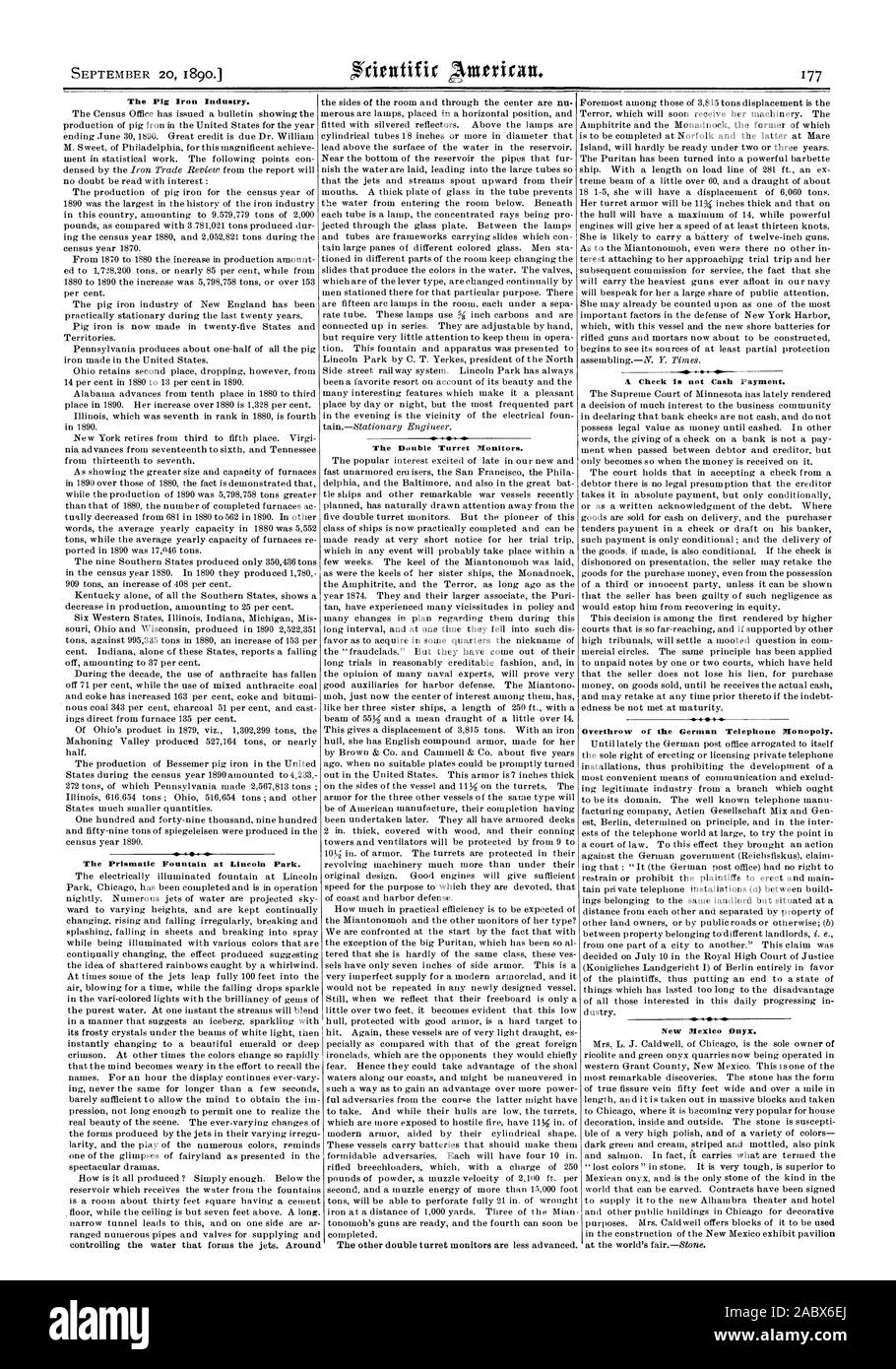 Il ferro di maiale industria. La torretta di doppio monitor. Un controllo non è il pagamento in contanti. Rovesciare il tedesco monopolio telefonico. La fontana prismatico a Lincoln Park., Scientific American, 1890-09-20 Foto Stock