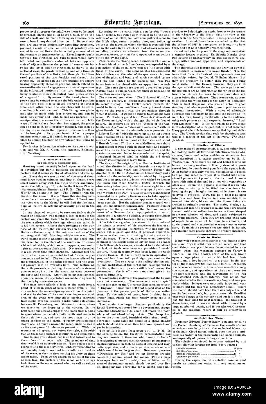 Una Scienza del teatro. Utilizzo di fibre. Rospi in rocce. Artificiale di acqua di mare., Scientific American, 1890-09-20 Foto Stock