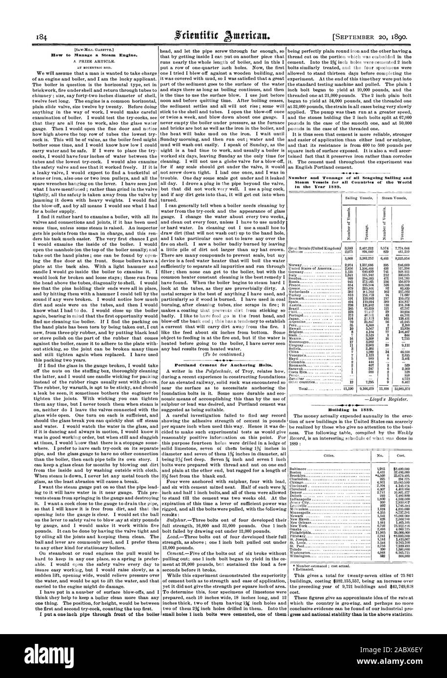 Come gestire un motore a vapore. Il cemento Portland per bulloni di ancoraggio. Il numero e la stazza di tutte le navi marittime Vela e navi a vapore per tutti i paesi del mondo nell'anno 1889. Edificio nel 1889. 10, Scientific American, 1890-09-20 Foto Stock