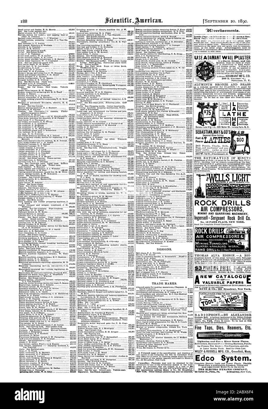 Utilizzare irremovibile INTONACO 309 16 Genesee ?-t. Un tornio SEBASTIANMAT 86 CO's :LATIIES Pow perforatrici da roccia compressori aria INDUSTRIA MINERARIA ED ESTRATTIVA MACCHINARI Ingersoll - il sergente Rock Drill Co. No. 10 PARK PLACE NEW YORK. Compressori Aria& NUOVO CATALOCUC rubinetti Fine muore. Gli alesatori ecc. Sistema Edco. Mulino di macinazione rullo. W. D. grigio. 436.M4 $3 STAMPA., Scientific American, 1890-09-20 Foto Stock