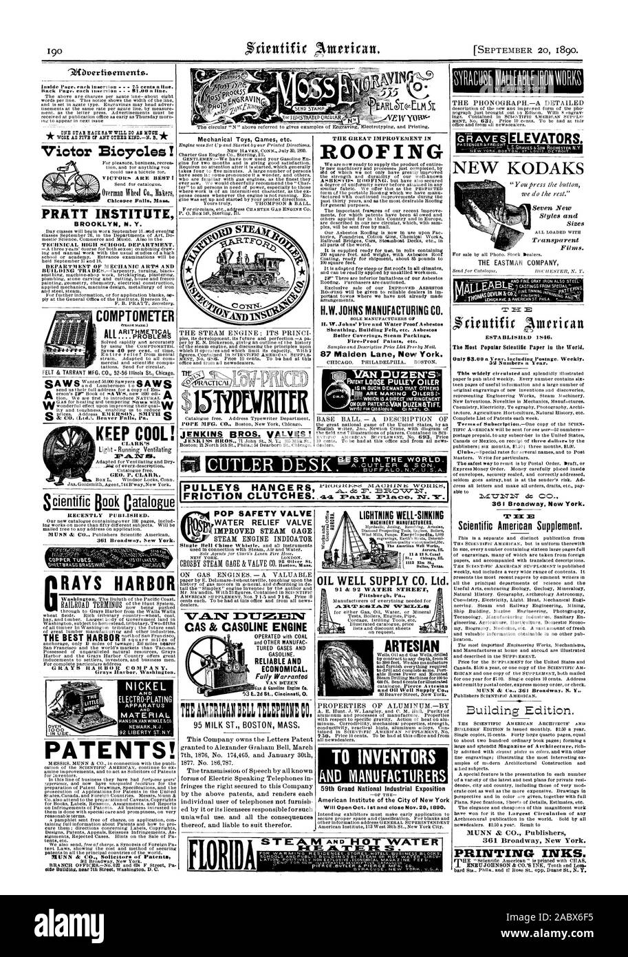 Acqua valvola di sfiato 7 7.A.1%T MOLT ZMNT CAS & benzina motore affidabile ed economico. Del tutto giustificate fulmine ben-sinking americana funziona bene Aurora Ill. OLIO ALIMENTAZIONE BEN CO. Ltd. ARTESIAN EASTMAN società ascensori. Nuova copertura KODAKS H.W. JOHNS Manufacturing Co. 87 Maiden Lane New York., Scientific American, 1890-09-20 Foto Stock
