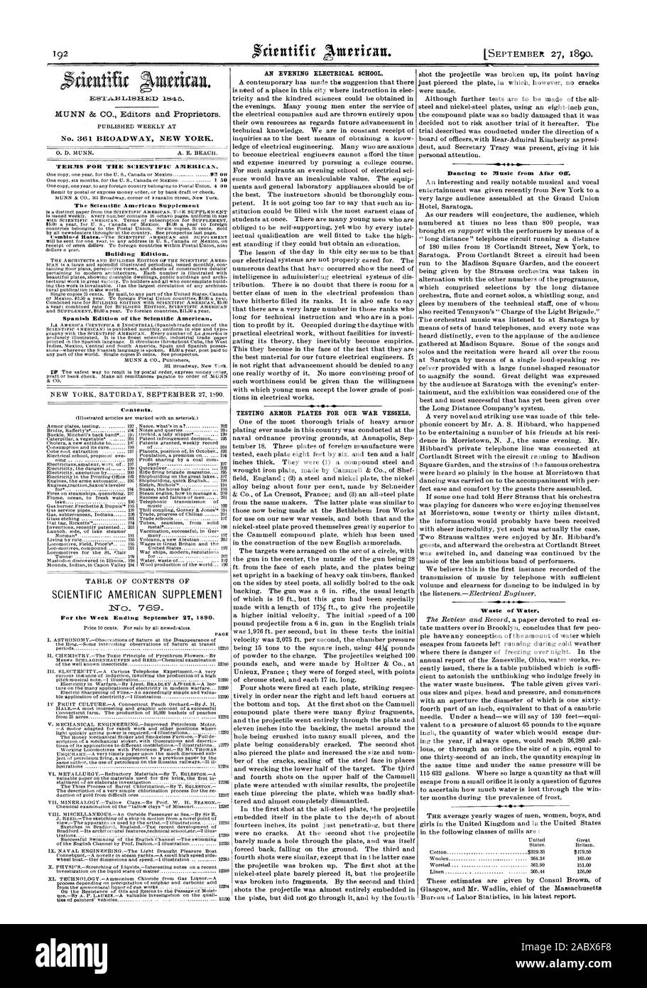 Settimana che Termina il 27 settembre 1890. Pagina una serata scuola elettrica. Test di piastre di armatura per le nostre navi da guerra. Ballare con la musica da lontano OM spreco di acqua. ST.A.131ISTAMIT) 1845., Scientific American, 1890-09-27 Foto Stock