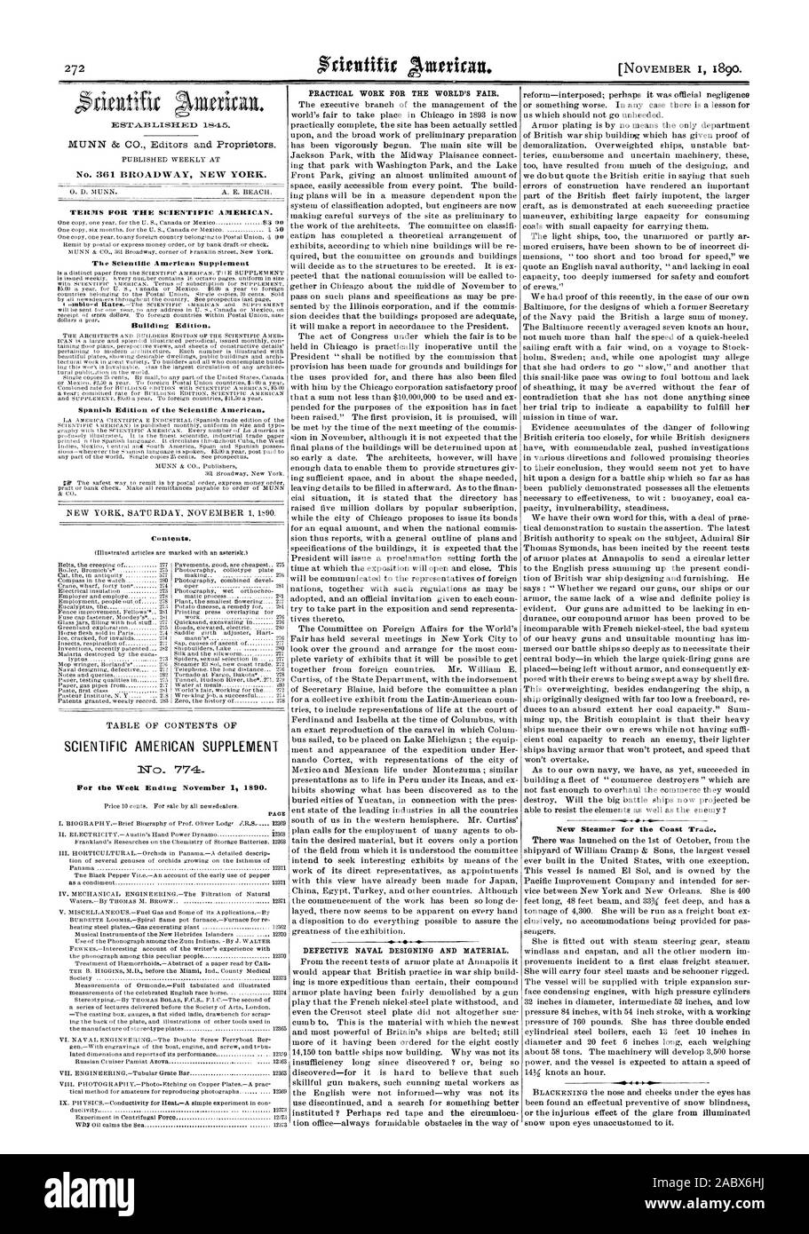 Settimanale pubblicata al n. 361 Broadway New York. G. D. MUNN. A. E. BEACH. TERRIS PER LA Scientific American. Costruzione di edizione. Edizione spagnola del Scientific American. Contenuto. SCIENTIFIC AMERICAN SUPPLEMENT Nuovo sistema di cottura a vapore per la costa del commercio. M8'1'.A.HLISI-3 1845., 1890-11-01 Foto Stock