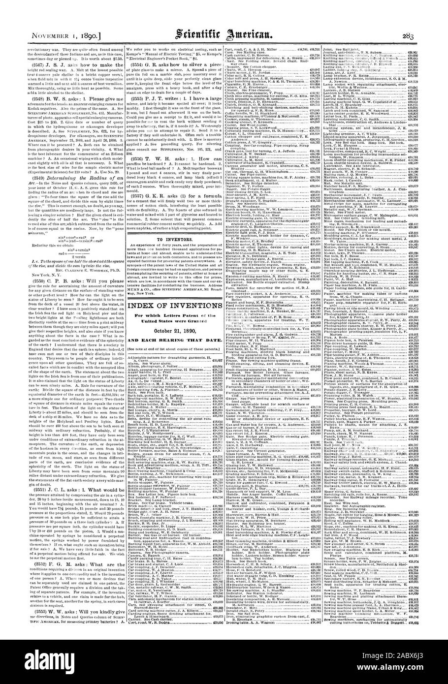 Per gli inventori. Indice delle invenzioni per le quali lettere di Brevetto degli Stati Uniti sono stati concessi il 21 ottobre 1890, Scientific American, 1890-11-01 Foto Stock