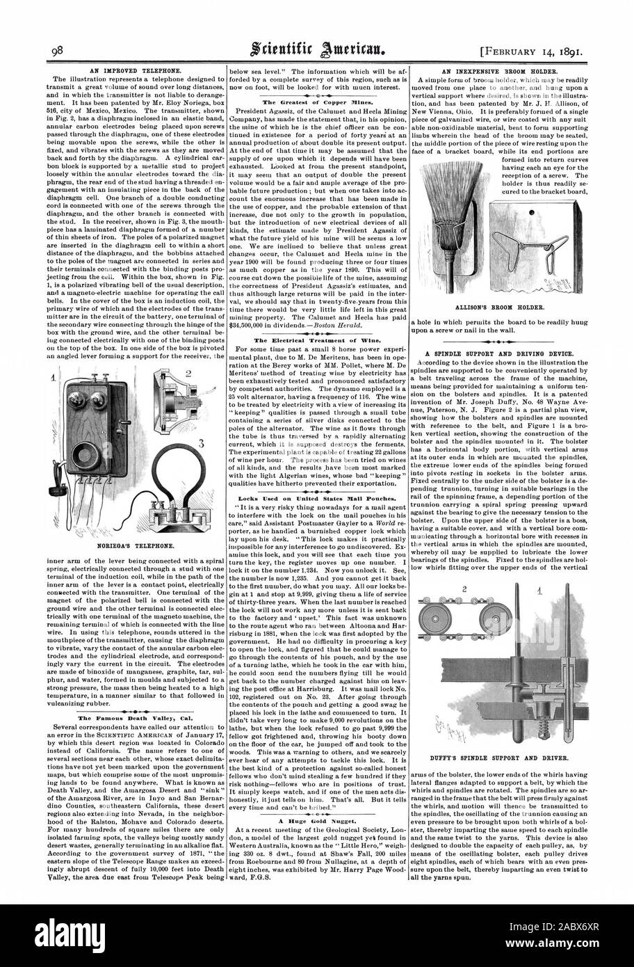 Un telefono migliorata. NORIEGA il telefono. La famosa Valle della Morte Cal. La più grande delle miniere di rame. Gli utilizzatori di trattamento del vino. Serrature utilizzate su Stati Uniti Mail sacche. Un enorme Pepita d'oro. Un costoso ginestra titolare. ALLISON porta scopa.Mir sei4 tweportioy. voto DUFFY MANDRINO DI SUPPORTO E DRIVER., Scientific American, 1891-02-14 Foto Stock