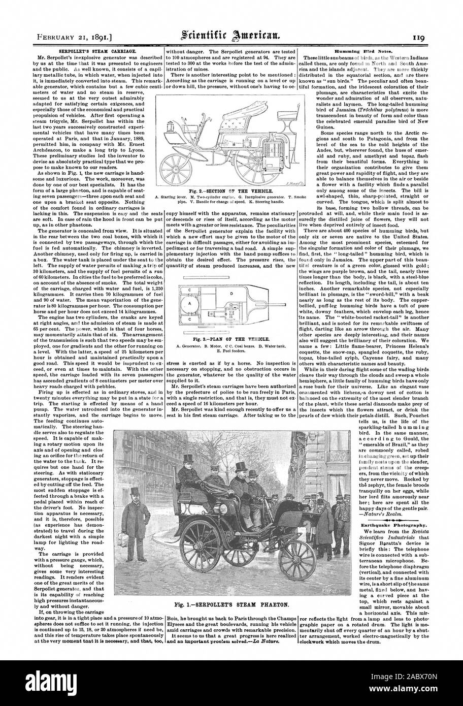 SERPOLLET vapore del carrello. Fig. SPLAN DEL VEICOLO. Ronzio Bird note. Terremoto fotografia. Fig. 2LA SEZIONE DEL VEICOLO. Fig. 1SERPOLLET VAPORE DELLA PHAETON., Scientific American, 1891-02-21 Foto Stock