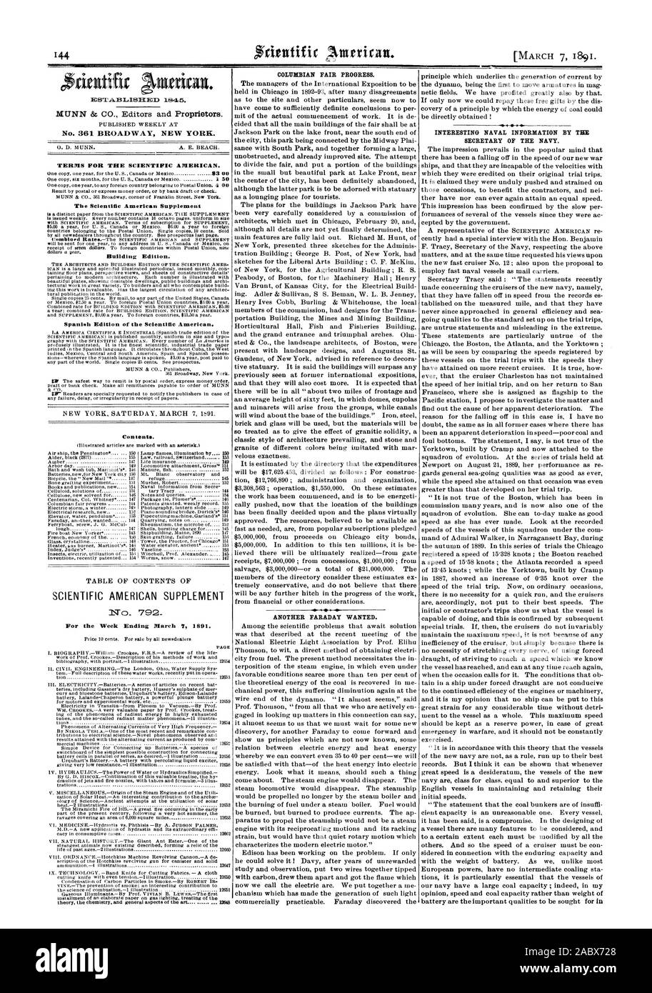 Settimana conclusasi il 7 marzo 1891. COLUMBIAN giusto progresso. Un altro voleva Faraday. Interessanti informazioni navale da te segretario della Marina., Scientific American, 1891-03-07 Foto Stock