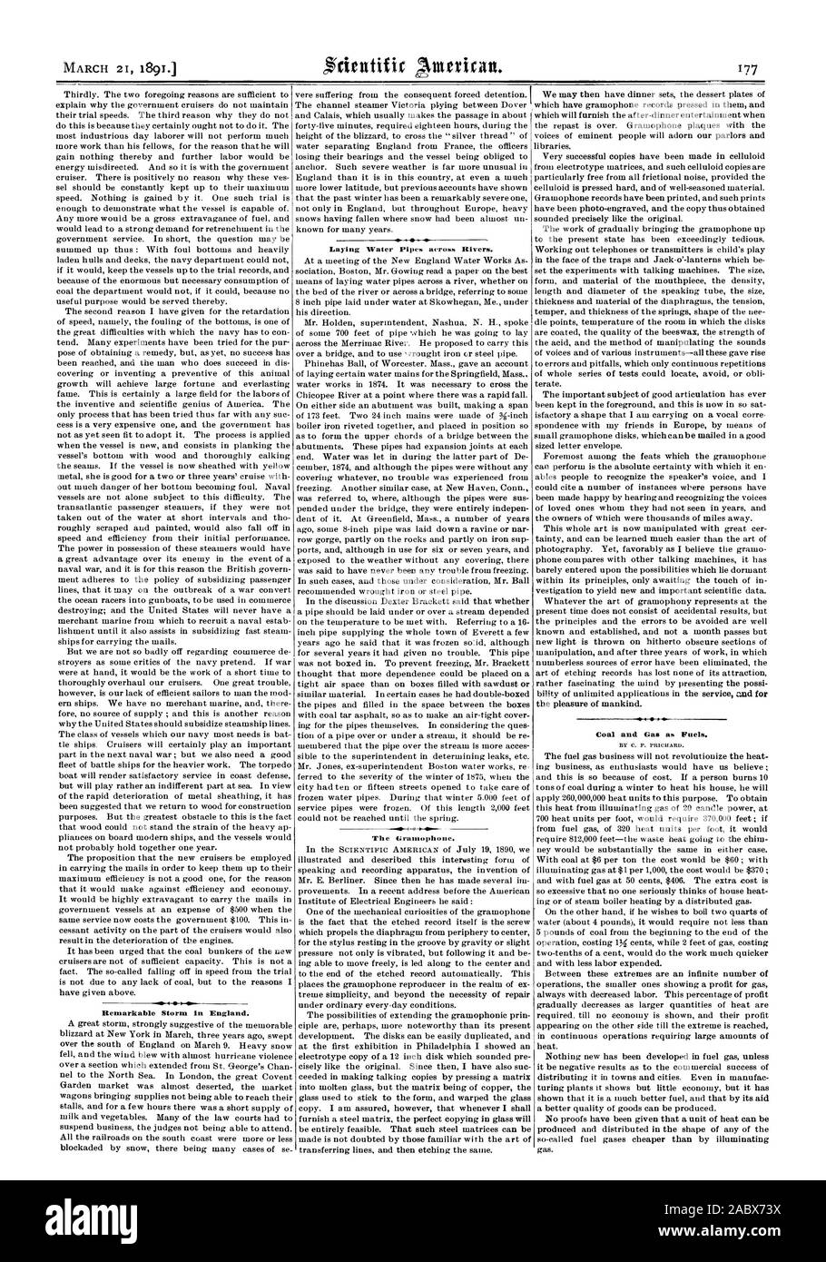Notevole tempesta in Inghilterra. La posa di tubazioni di acqua lungo i fiumi. Il GR: telefono. Il carbone e il gas come combustibile., Scientific American, 1891-03-21 Foto Stock