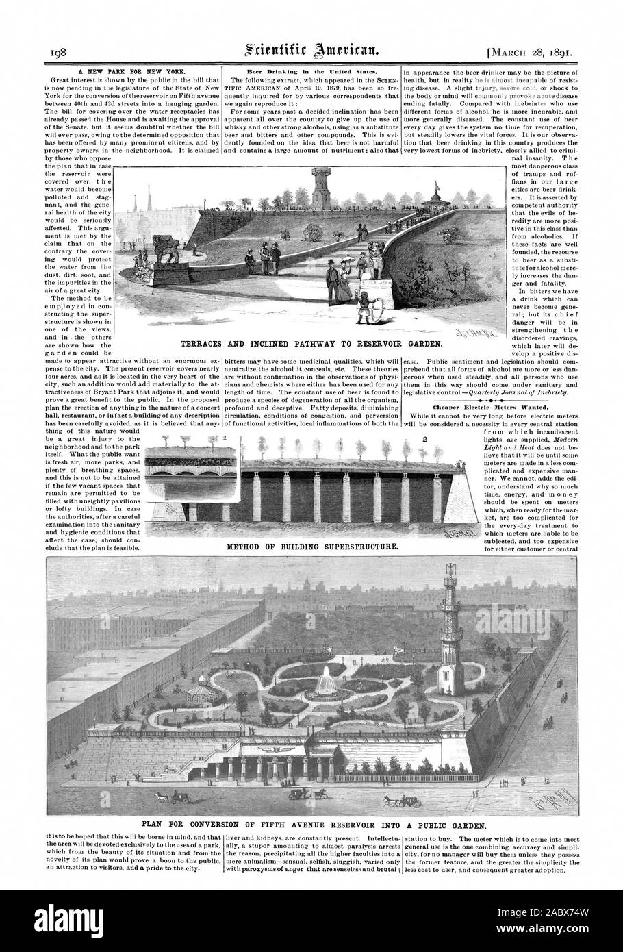 Il consumo di birra negli Stati Uniti. Metodo di costruzione di sovrastruttura. Cheaper contatori elettrici voluto. Terrazze e percorso inclinato verso il serbatoio giardino. Piano per la conversione della Quinta Avenue serbatoio in un giardino pubblico. Riempire ennesimo, Scientific American, 1891-03-28 Foto Stock