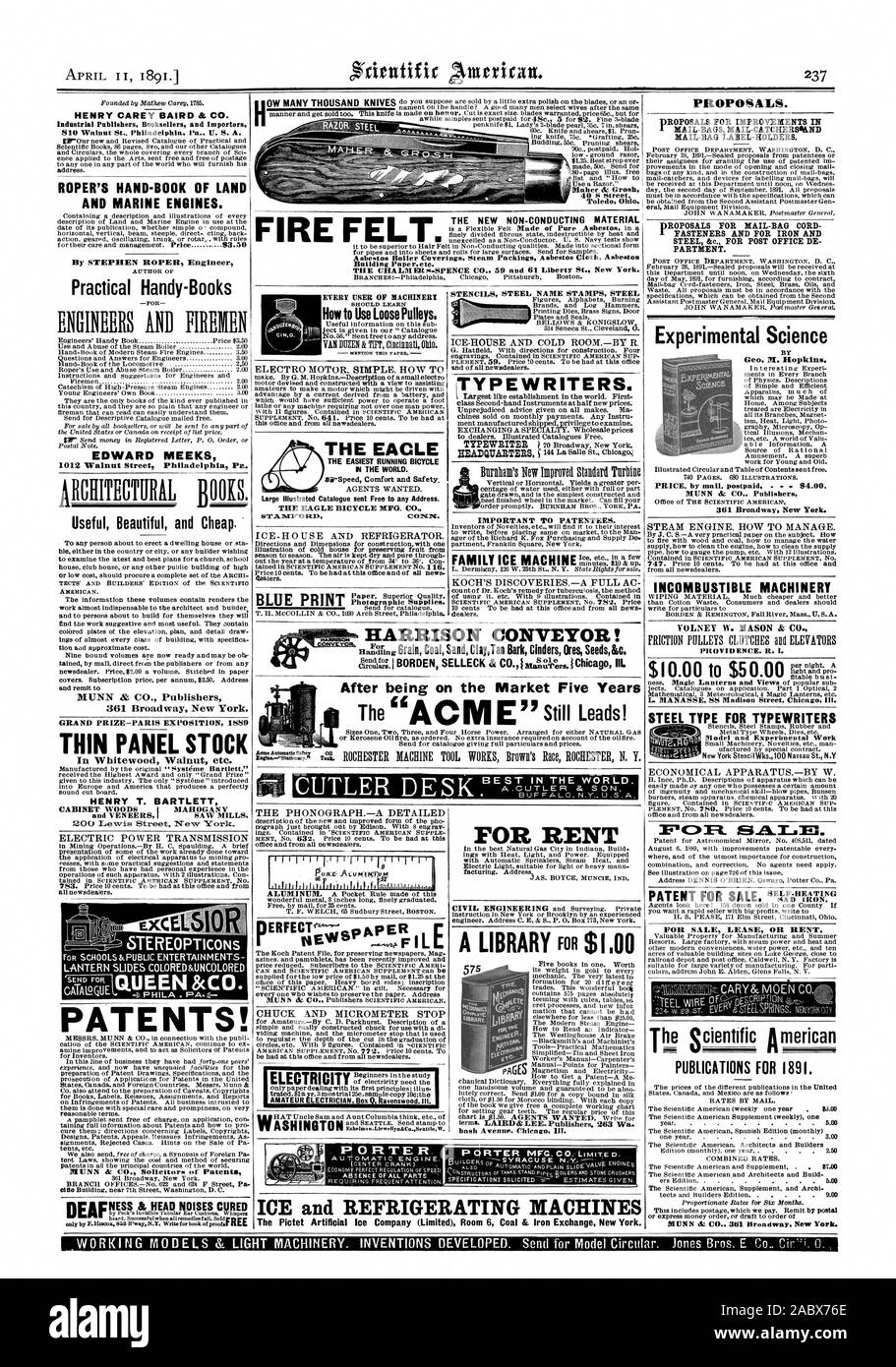 40 S Street Toled Ohio. Macchine per scrivere BLUE STAMPA HARRISON TRASPORTATORE! Dopo essere stato sul mercato cinque anni elettricità il fonografo CHUCK E ARRESTO DEL MICROMETRO WASHINGTON'A.I.stAmly.sx1%.top40. Per noleggiare porter ghiaccio e macchine frigorifere come utilizzare pulegge allentata. Elettro MOTOR. Semplice. Come per il EACLE IL PIÙ FACILE ESECUZIONE DI BICICLETTA IN TUTTO IL MONDO. ICE -h ouse e frigorifero. HENRY CAREY BAIRD & CO. ROPER LA MANO-LIBRO DI TERRA E DI MOTORI MARINI. Pratico Handy-Books ingegneri e vigili del fuoco EDWARD MEEKS utile bella ed economici. MUNN & CO. Gli editori 361 Broadway New York. GRAND PRIZE-paris Foto Stock