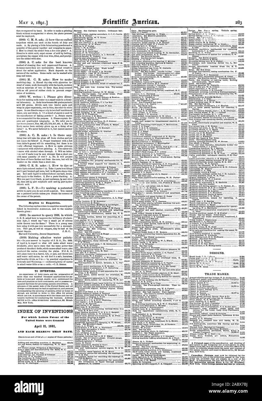 Il 2 maggio 1891. Le risposte alle richieste di informazioni. Per gli inventori. Indice delle invenzioni negli Stati Uniti sono stati concessi 21 aprile 1891 e ciascun cuscinetto che data., Scientific American, 1891-05-02 Foto Stock