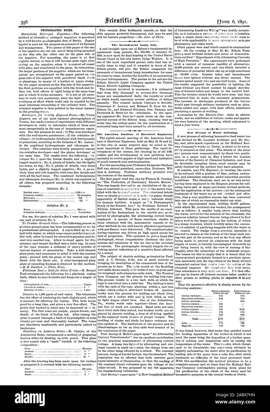 Note fotografiche. La lampada ad incandescenza tuta. L'American Institute of Electrical Engineers. Nuovo processo di addolcimento dell'acqua., Scientific American, 1891-06-06 Foto Stock