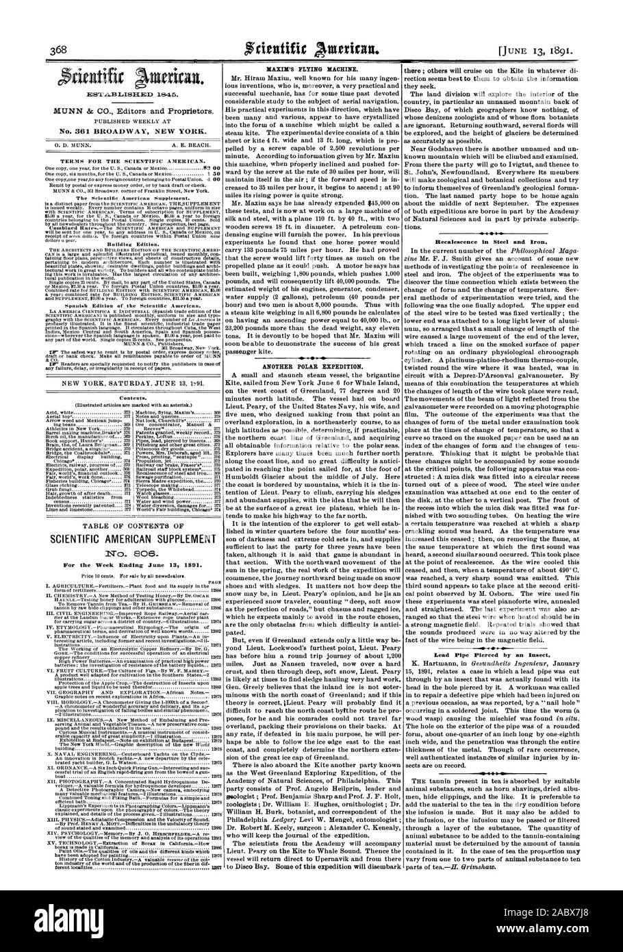 Fine settimana di Giugno 13 1891. MAXIM'S macchina volante. Un altro Polar Expedition. lì ; altri crociera sul Kite in qualunque di rection sembra migliore per loro di ottenere le informazioni cercate. La divisione della terra potranno esplorare l'interno del paese in particolare una montagna senza nome torna di discoteca Baia di geografi che non sanno nulla di cui chi abita zoologi e di cui flora botanici sono ignoranti. Tornando verso sud diversi fiordi verrà esplorato e l'altezza dei ghiacciai da determinare nel modo più accurato possibile. Vicino Godshaven vi è un altro unnamed e onu montagna noto che Foto Stock