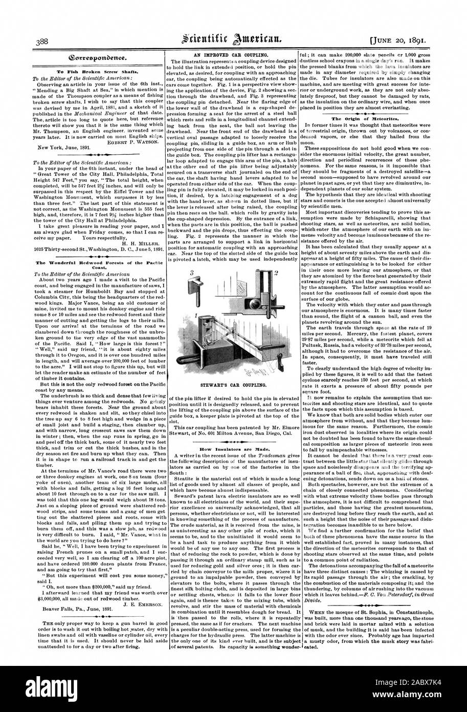 (SorreeponDerice. Un migliore accoppiamento auto. STEWART la vettura di accoppiamento. L'origine di meteoriti. Il meraviglioso Redwood Foreste della costa del Pacifico. Come isolatori sono realizzati., Scientific American, 1891-06-20 Foto Stock