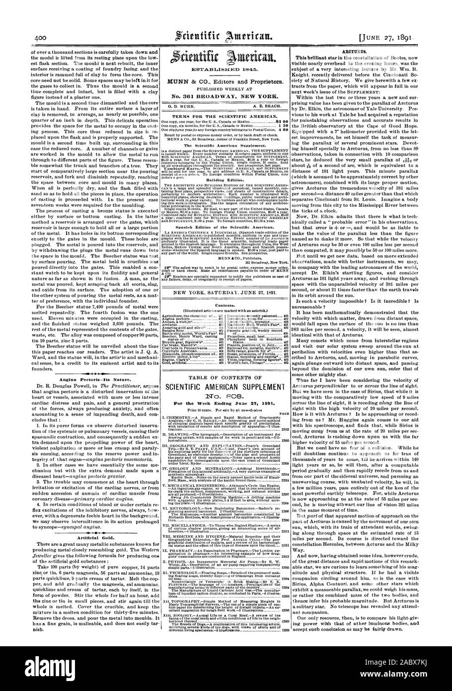 Angina pectoris-la sua natura. Oro artificiale. Settimanale pubblicata al n. 361 Broadway New York. 0. D. MUNN. A. E. BEACH. Termini per la Scientific American. SCIENTIFIC AMERICAN SUPPLEMENT, 1891-06-27 Foto Stock