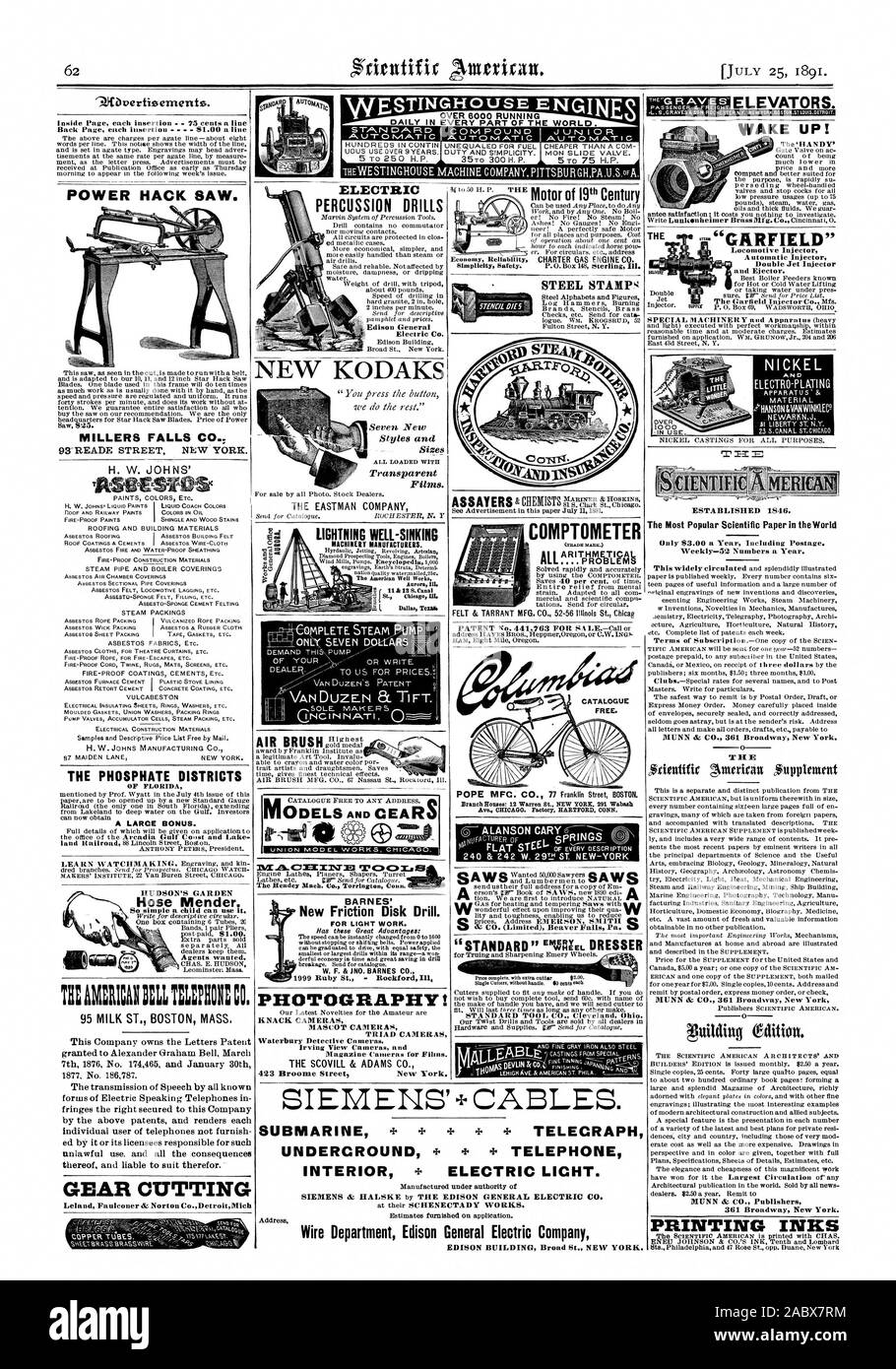E estrattore. La Garfield CoMfs iniettore. Nichel e stabilito 1846. Il più popolare documento scientifico al mondo solo $3.00 un anno comprese spese di spedizione. Settimanalmente-52 i numeri di un anno. MUNN & CO. 361 Broadway New York. Gli inchiostri di stampa HUDSON'S GARDEN Mender flessibile. In modo semplice un bambino è in grado di utilizzarlo. Gli agenti volevano. Elettrici trapani a percussione Edison General Electric Co. La società Eastman STAIIPs acciaio SIEMENS' + cavi. Sommergibile + + TELEGRAPH METROPOLITANA + + telefono interno + luce elettrica. Dipartimento di filo Edison General Electric Company, Scientific American, 1891-07-25 Foto Stock