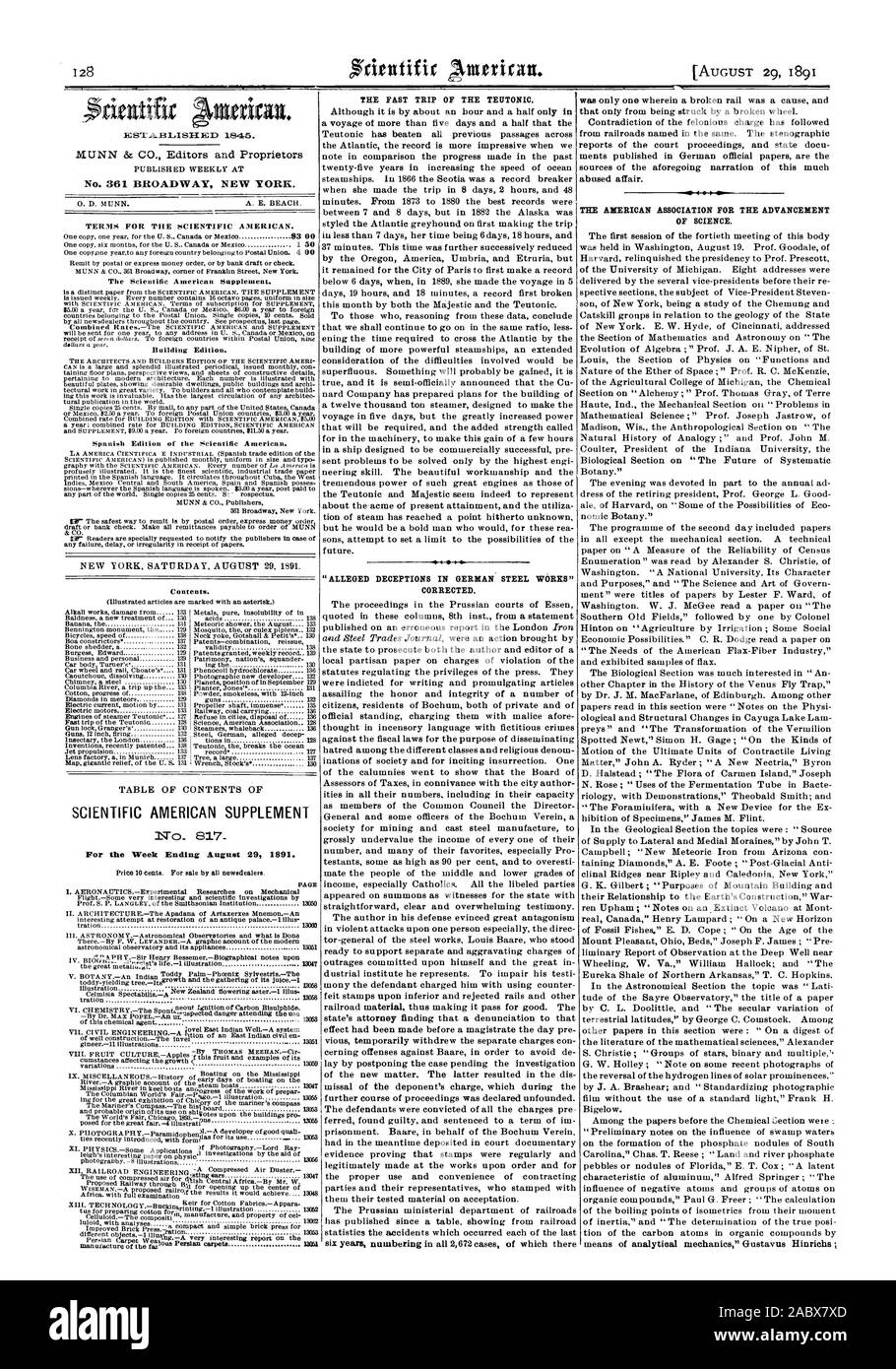 Settimana che Termina il 29 agosto 1891. MU il viaggio veloce del teutonico. 'Presunta inganni in acciaio tedesco opere" corretto. La associazione americana per il progresso della scienza., Scientific American, 1891-08-29 Foto Stock