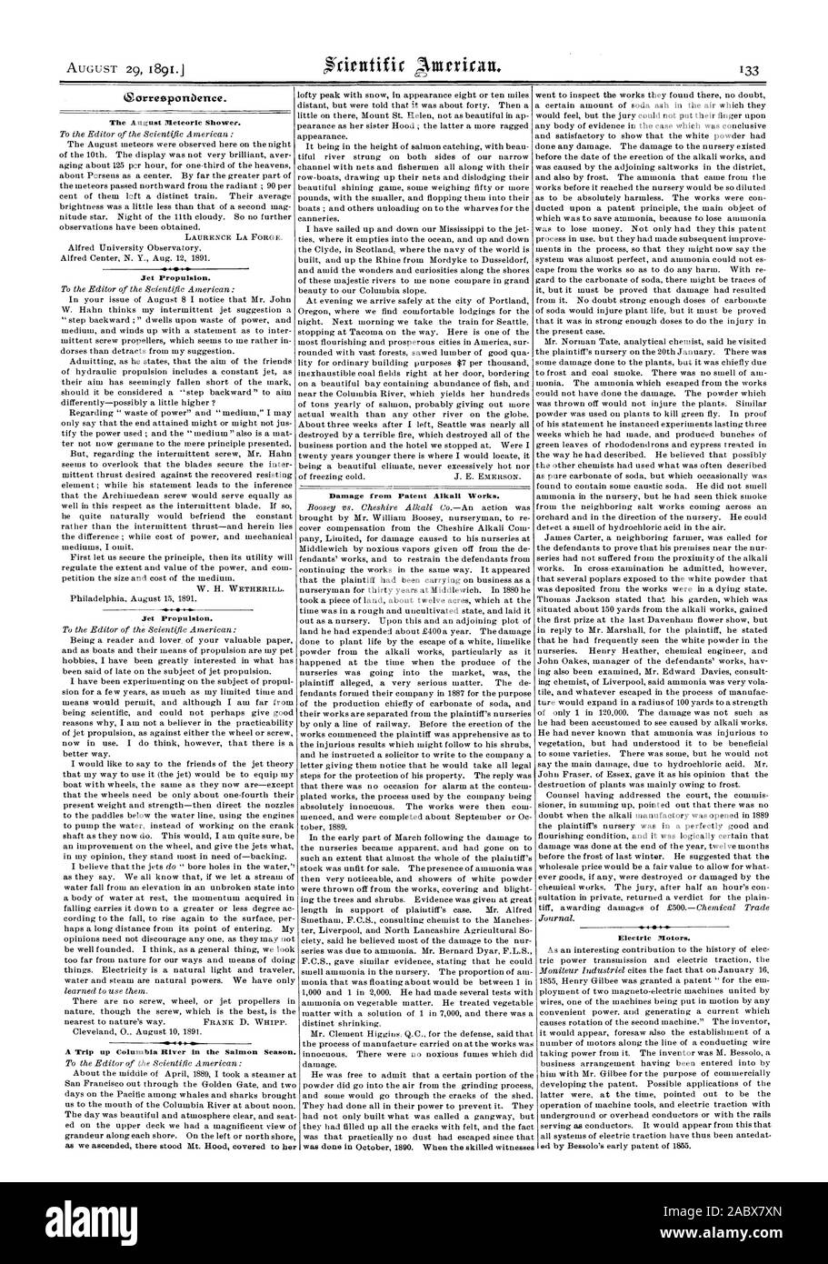 L'Agosto meteorico doccia. Propulsione a getto. Propulsione a getto. Un viaggio lungo il fiume Columbia nella stagione del salmone. Danni da brevetto opere alcalino. Motori elettrici., Scientific American, 1891-08-29 Foto Stock