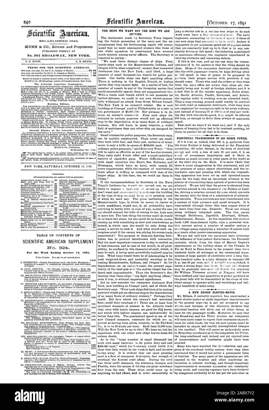 Pubblicato settimanalmente a O. D. MUNN. A. E. BEACH. Termini per la Scientific American. Costruzione di edizione. Contenuto. SCIENTIFIC AMERICAN supplemento per la settimana che termina il 17 ottobre 1891. Trasmissione elettrica di 300 cavalli., 1891-10-17 Foto Stock