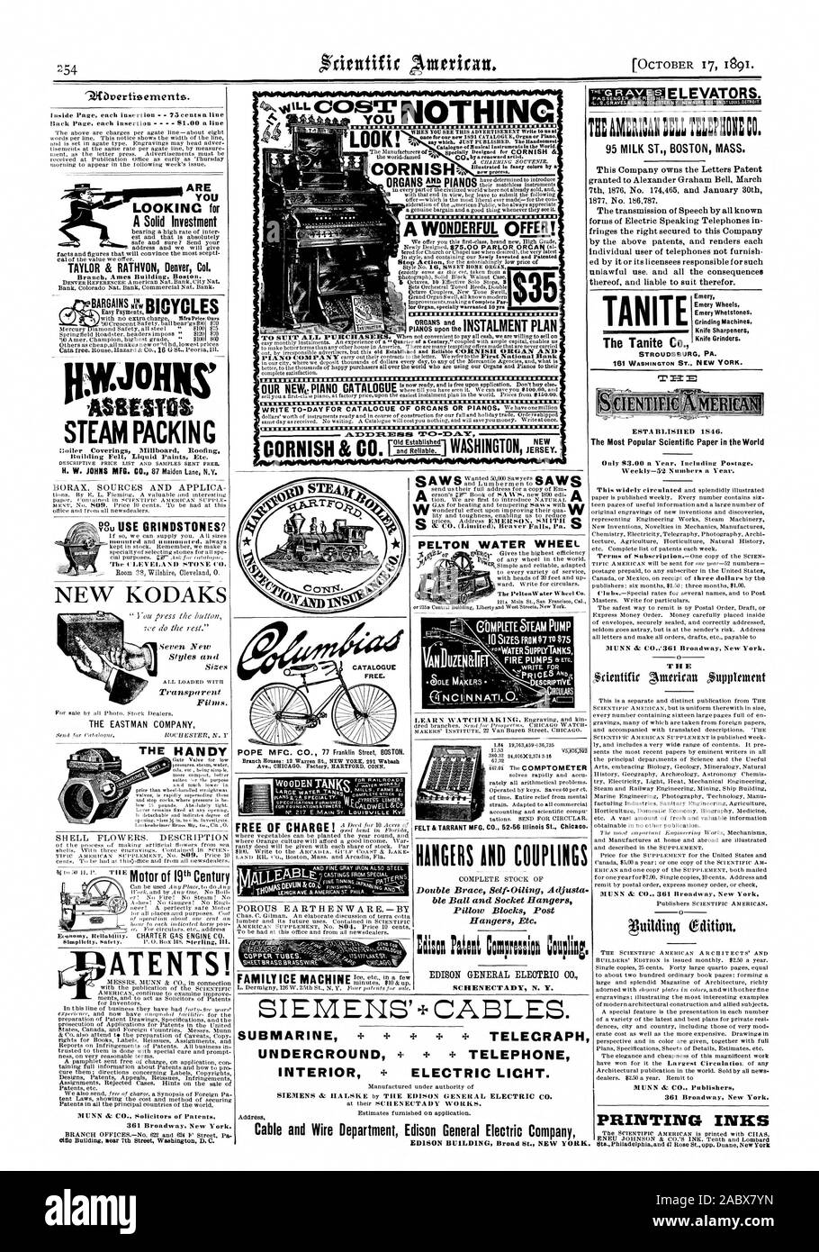 Smeriglio mole smeriglio smeriglio WhetsteneS macchine rettificatrici ESTA BLISIIED 1846. AVeekly-52 i numeri di un anno. Broadway New York. Gli inchiostri di stampa siemens' + cavi. Metropolitana + 4- telefono interno 4- luce elettrica. Il cavo e il reparto Edison General Electric Company, Scientific American, 1891-10-17 Foto Stock