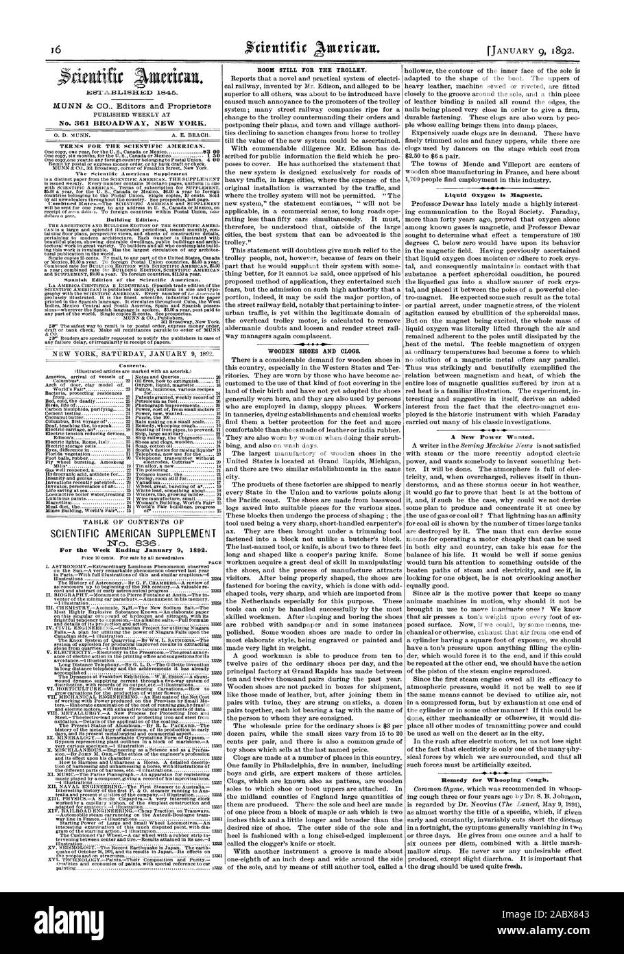 Settimana conclusasi il 9 gennaio 1892. 13358 PAGEpainting ANCORA IN CAMERA PER IL CARRELLO. Scarpe di legno e zoccoli. L'ossigeno liquido è magnetica. Una nuova potenza voluto. Rimedio per la tosse convulsa., Scientific American, 1892-01-09 Foto Stock