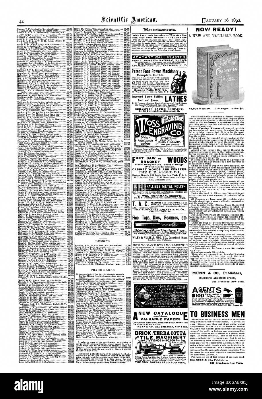 Disegni e modelli. Marchi commerciali. 9.0Verfisentents. All'interno di ciascuna pagina di inserimento - 75 centesimi una linea retro pagina ogni inserimento 61.00 una linea inflessibile INTONACO IRREMOVIBILE MFG. CO. Siracusa N. Y. brevetto potenza piede Machiner completare gli abiti. Piede e potenza. SEBASTIAN TORNIO AZIENDA 44-46 Central Ave. Cincinnati 0. Carte preziose foto iss ENGRAVIH U CABINET staffa di boschi e impiallacciature. Il E. D. ALBRO CO. U. S. infallibile polacco di metallo. C. WM. HOFFMAN Manu'fr 1 marzo a ottobre 1st. Il TUSCARORA ADVERTISING CO. COSHOCTON 0. Rubinetti di fine muore alesatori ecc. WILEY & RUSSELL MFG. CO. Greenfield messa. Come rendere dinamo- Foto Stock