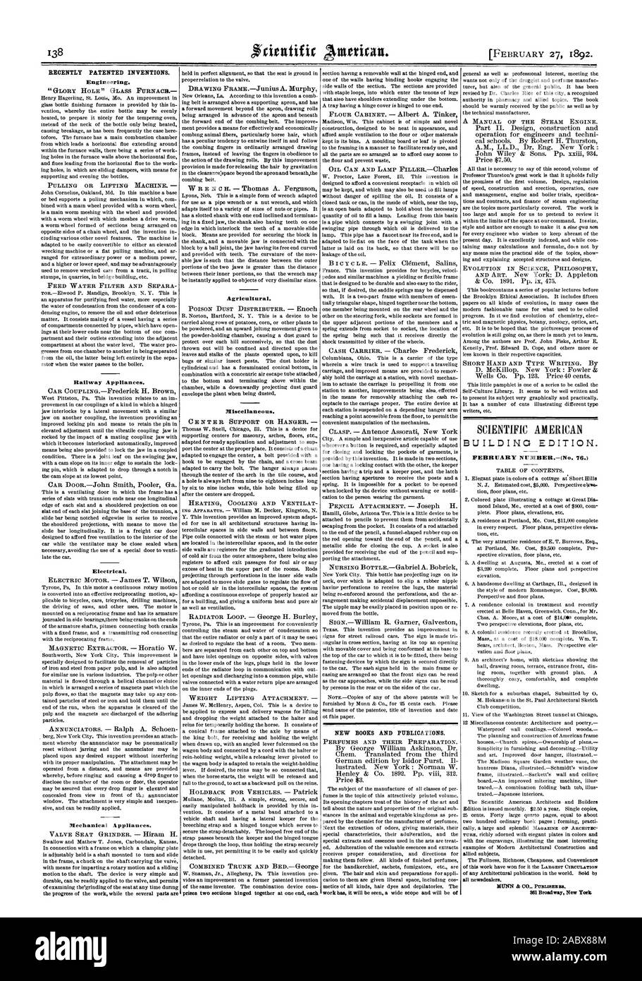 Recentemente invenzioni brevettate. Engineering. Agricola. Varie linea combinata e BEDGeorge nuovi libri e pubblicazioni. Edificio EDITION. Tutti newsdealers. MUNN & CO. Pronasusas, Scientific American, 1892-02-11 Foto Stock