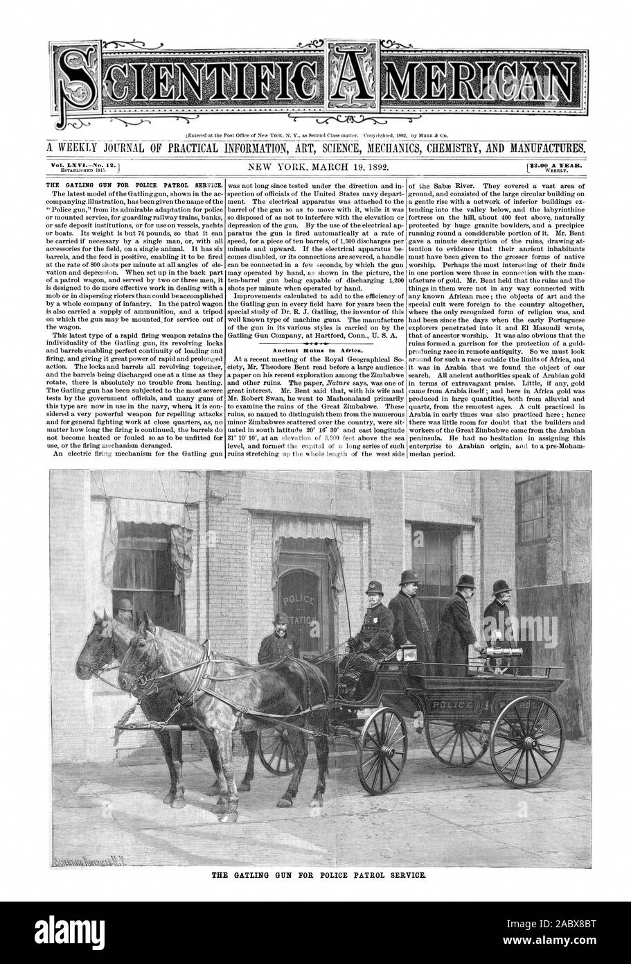 Vol. LXV1 No. 12.1 la Gatling Gun per la pattuglia di polizia servizio. Antiche rovine in Africa. La Gatling Gun per la pattuglia di polizia servizio., Scientific American, 1892-03-19 Foto Stock