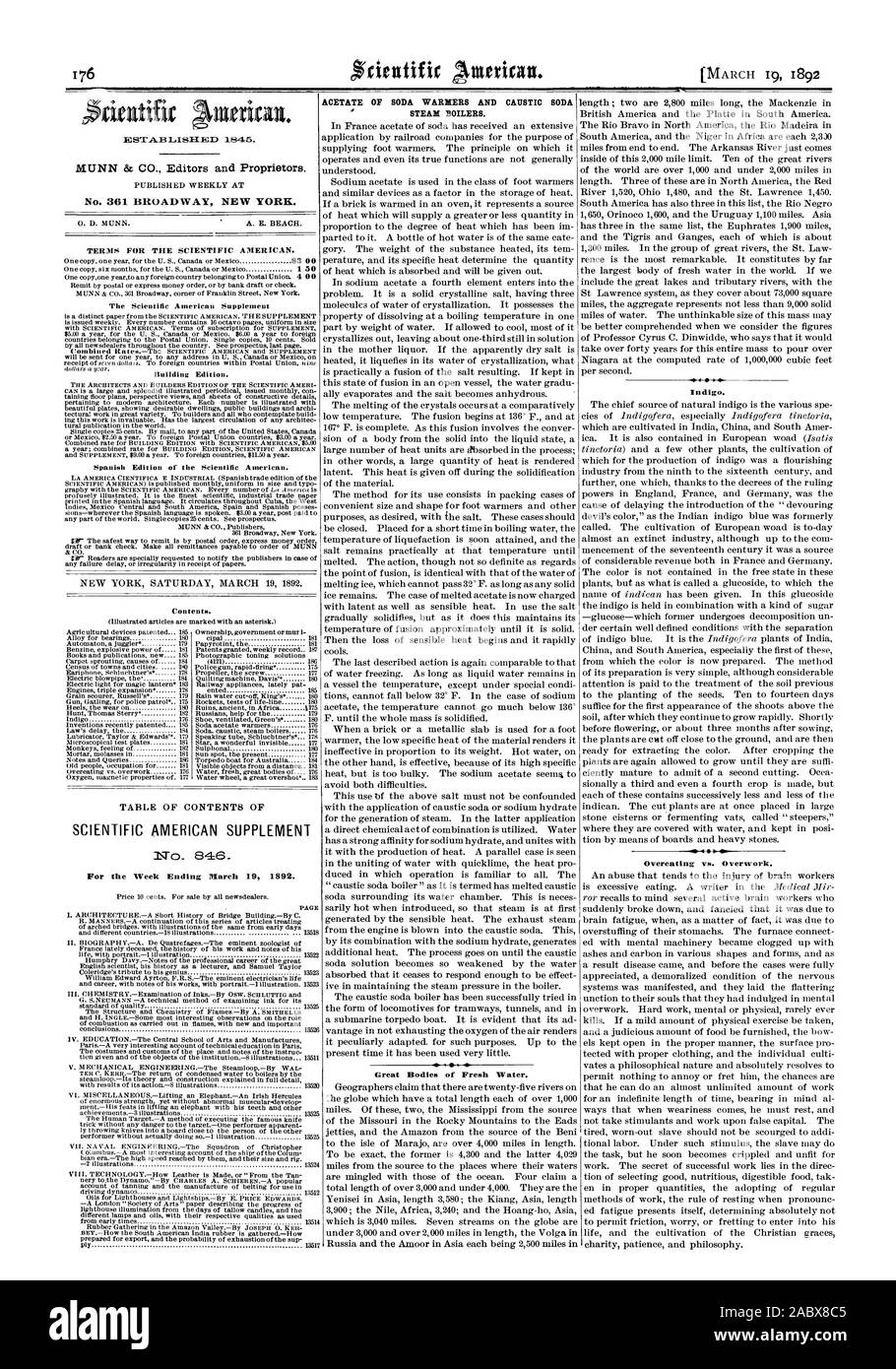 MUNN & CO. Editori e proprietari. Settimanale pubblicata al n. 361 Broadway New York. 0. D. MUNN. A. E. BEACH. Termini per la Scientific American. Il Scientific American Supplement edificio Edition. Edizione spagnola del Scientific American. Contenuto. SCIENTIFIC AMERICAN supplemento per la settimana che termina il 19 marzo 1892. Acetato di soda di scaldini e SODA CAUSTICA caldaie a vapore. Grandi corpi di acqua fresca. Indigo. Surriscaldamenti vs. superlavoro. ESTA.E LISI-1.N33 1845., 1892-03-19 Foto Stock