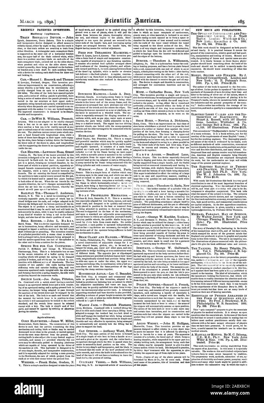 Recentemente invenzioni brevettate. Apparecchiature ferroviarie. Agricola. Varie. di questa carta. Nuovi libri e pubblicazioni., Scientific American, 1892-03-19 Foto Stock