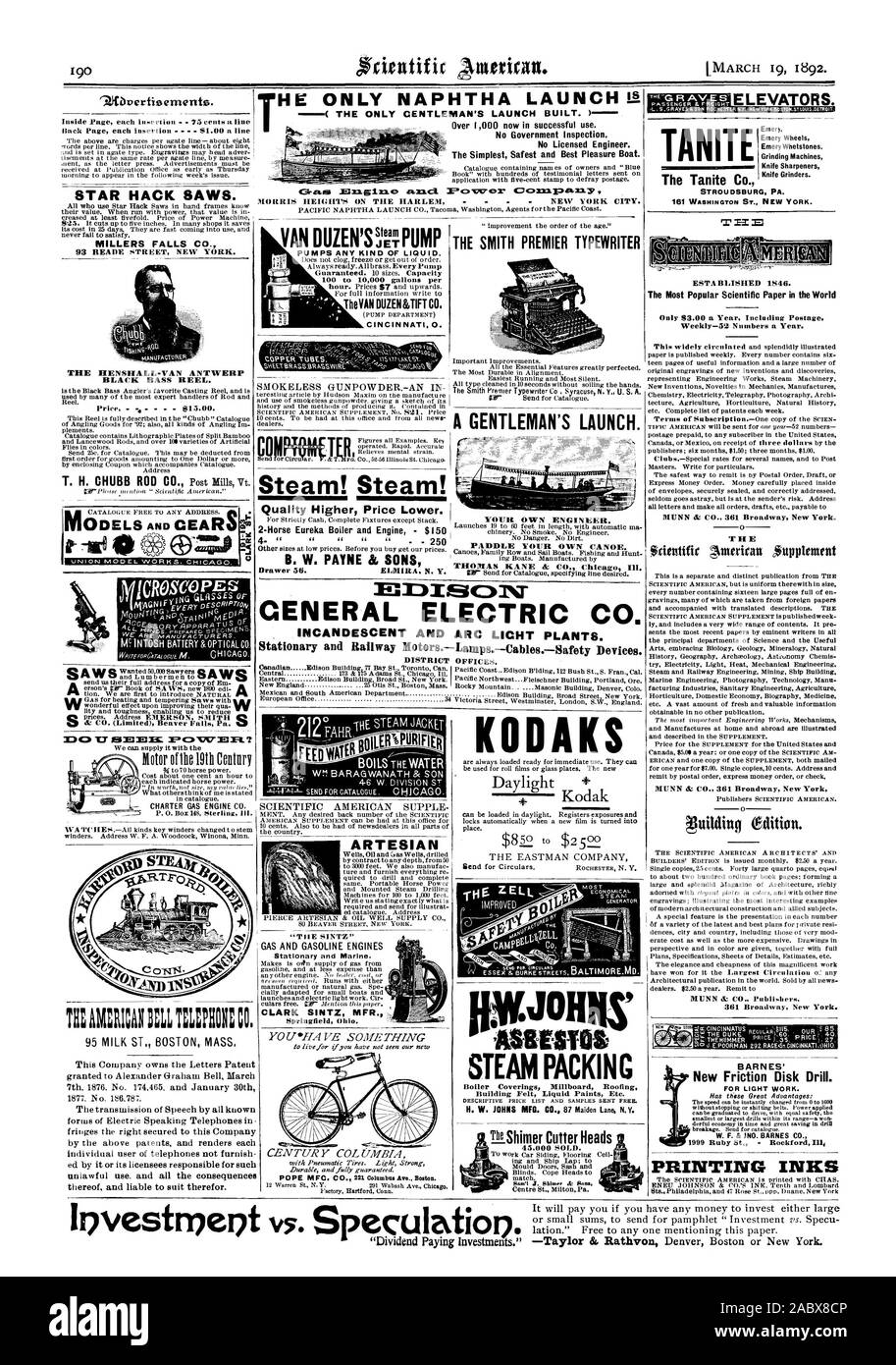 Costruzione di feltro vernici liquide ecc. ESTA BLISHED 1S46. Il più popolare documento scientifico nel mondo Weekly-52 i numeri di un anno. MUNN & CO. 361 Broadway New York. 0 Il ttittling (Edizione. BARNES' i dischi di attrito nuovi trapano. Per la luce di lavoro. Ha questi grandi vantaggi: derful economia in tempo e grande risparmio in trapano 1999 Ruby San - Rockford in inchiostri di stampa città. STROUDSBURG PA. La fabbrica di Hartford Connecticut. GENERAL ELECTRIC CO. Le lampade ad incandescenza e ARC LICHT piante. KODAK 4 venduto. 'Dividend investimenti paganti.', Scientific American, 1892-03-19 Foto Stock